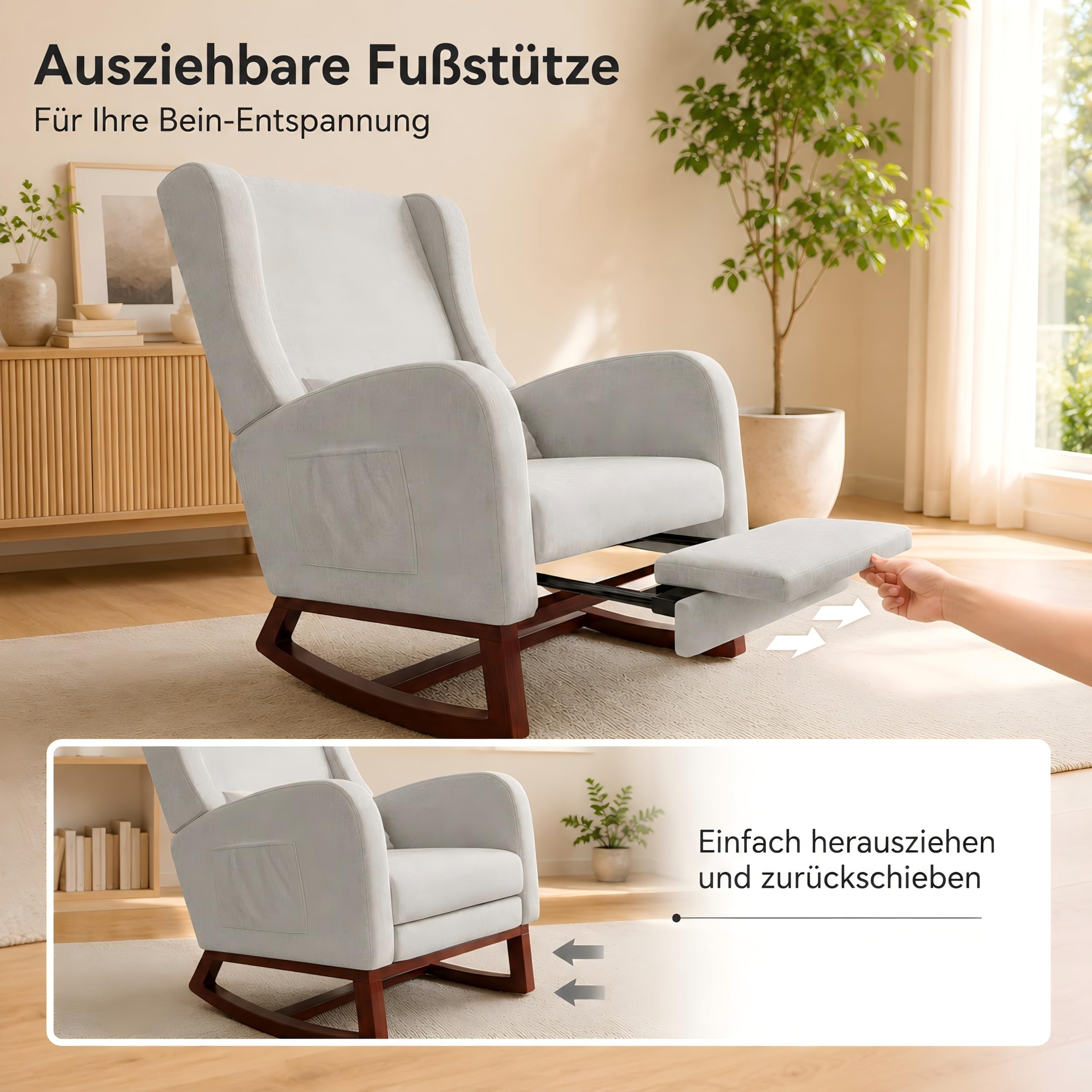 MOTUZP Schaukelstuhl mit Fußstütze, Stillstuhl, Schaukelstuhl, Relaxsessel, Armlehnen, bequem, mattierter Stoff, für Wohnzimmer, Schlafzimmer (Grau + Beinstütze)