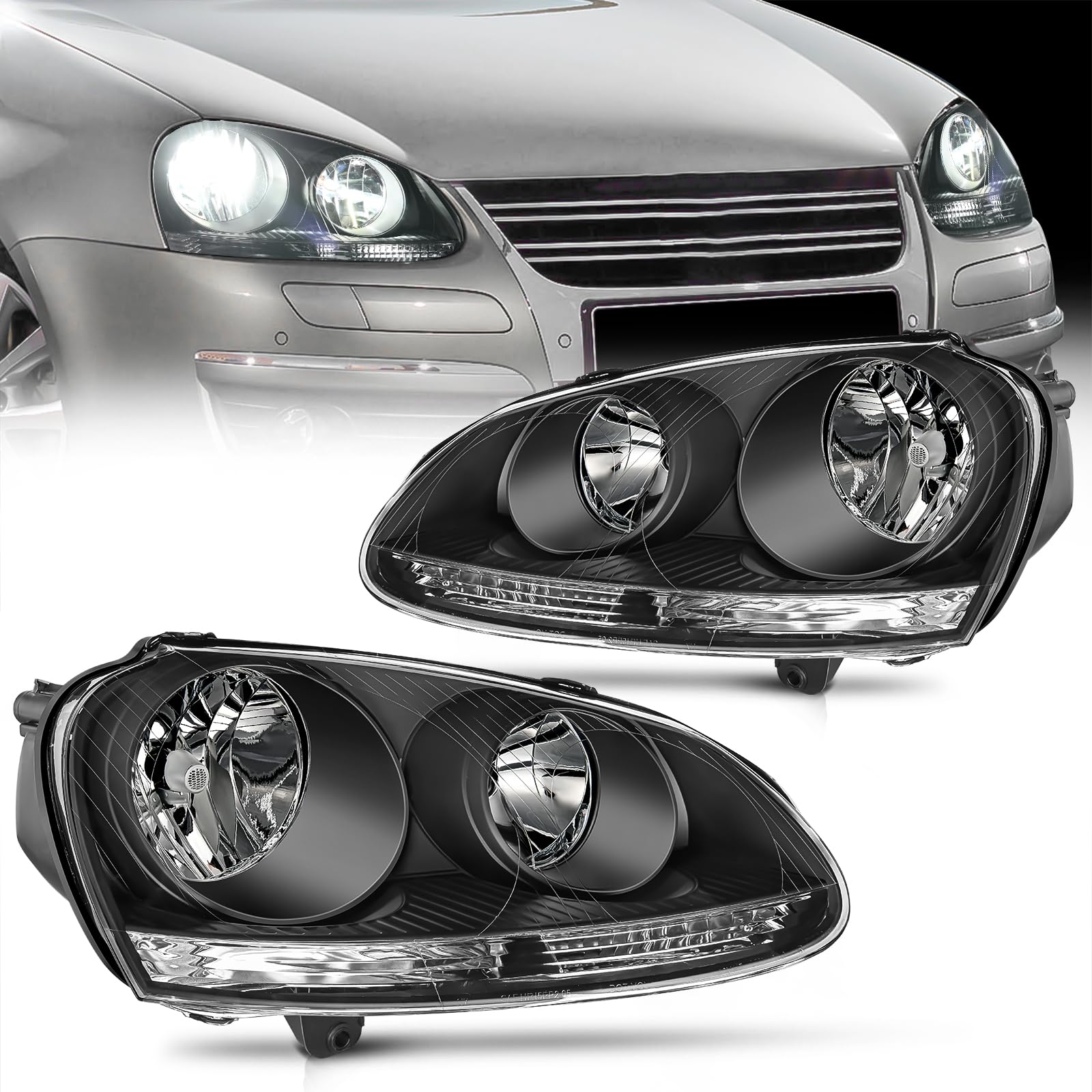 Nilight Headlight Assembly Compatible with 2005 2006 2007 2008 2009 2010 Volkswagen Jetta 2006 2007 2008 2009 VW Rabbit GTI Headlamp Black Housing Driver and Passenger Side, 2 Years Warranty