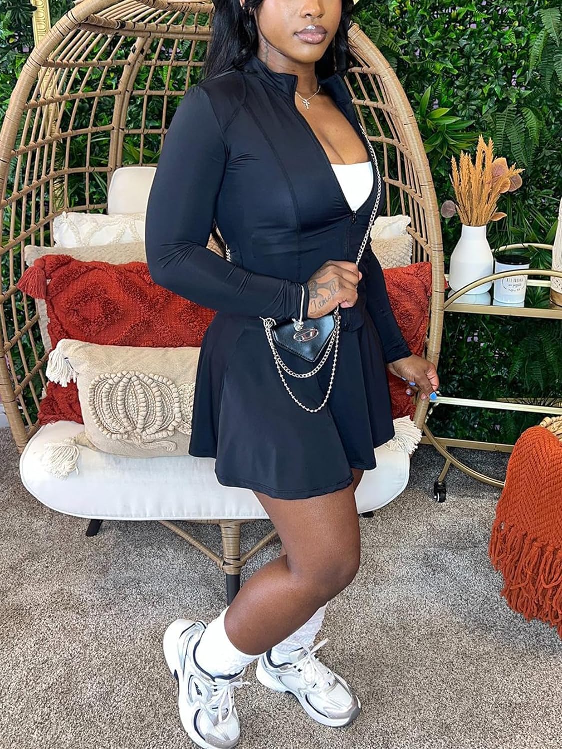 Tennis Skirts Set Womens 2 Piece Outfits Long Sleeve Zip Up Jackets Two Piece Mni Skirts Set Golf Skort Athletic Sports - Image 3