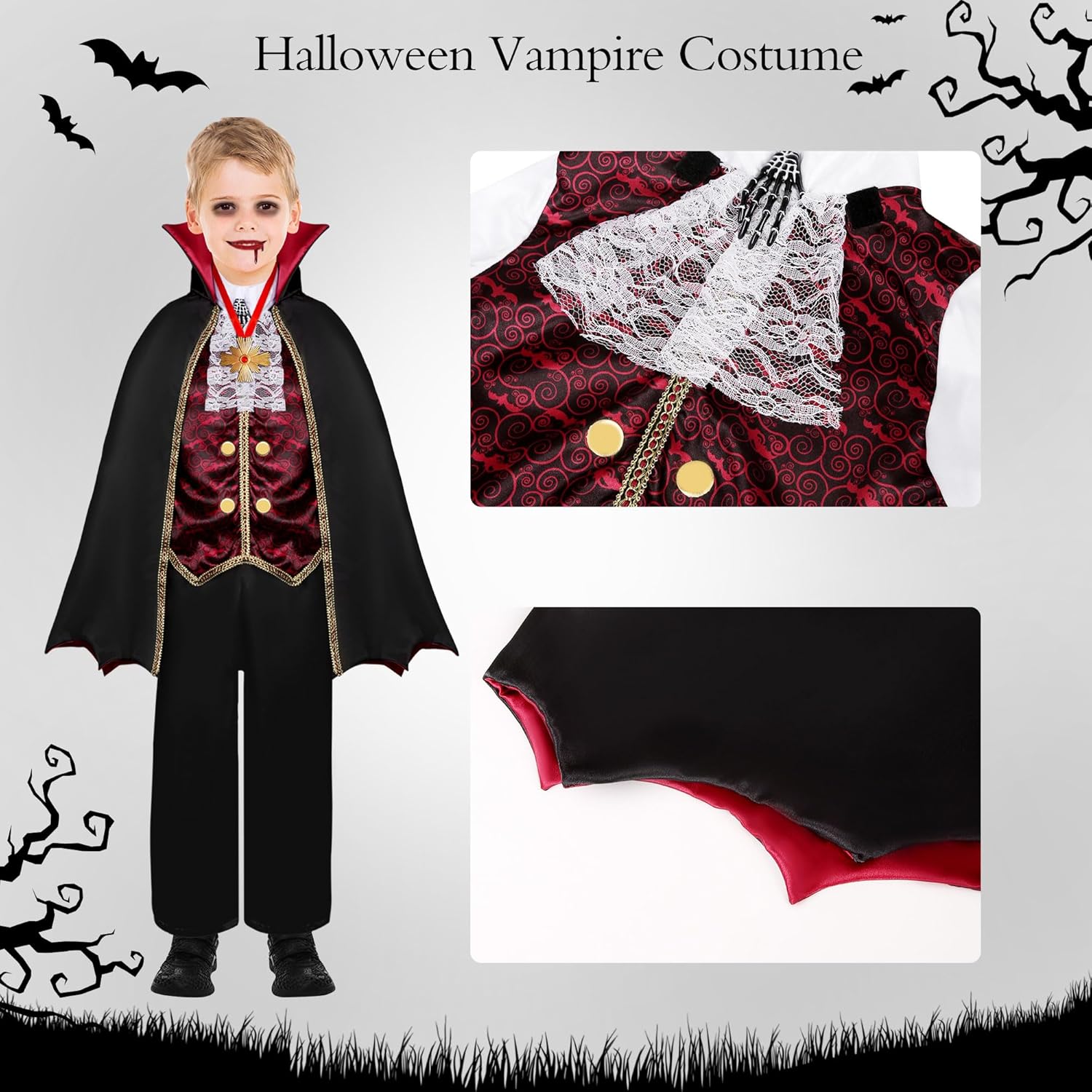 Vampire Costume Boys Gothic Halloween Costume with Cape & teeth Cane Necklace Vampire Accessories