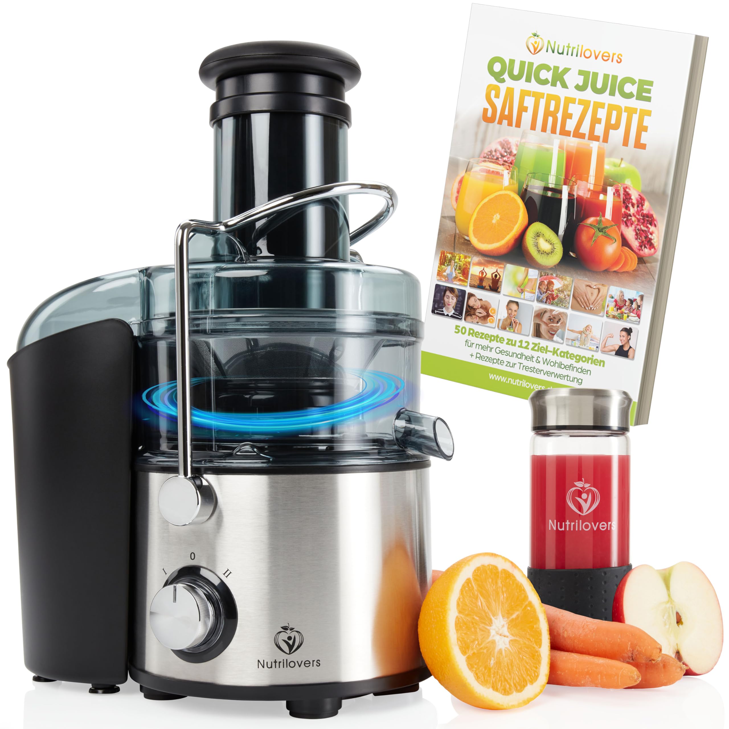 Nutrilovers QUICK-JUICER MAX sokowirówka do owoców i warzyw, otwór wsypowy XXL, sitko ze stali nierdzewnej, zewnętrzny pojemnik na wytłoczyny, 800 W, w zestawie bez BPA, w zestawie butelka na napoje +