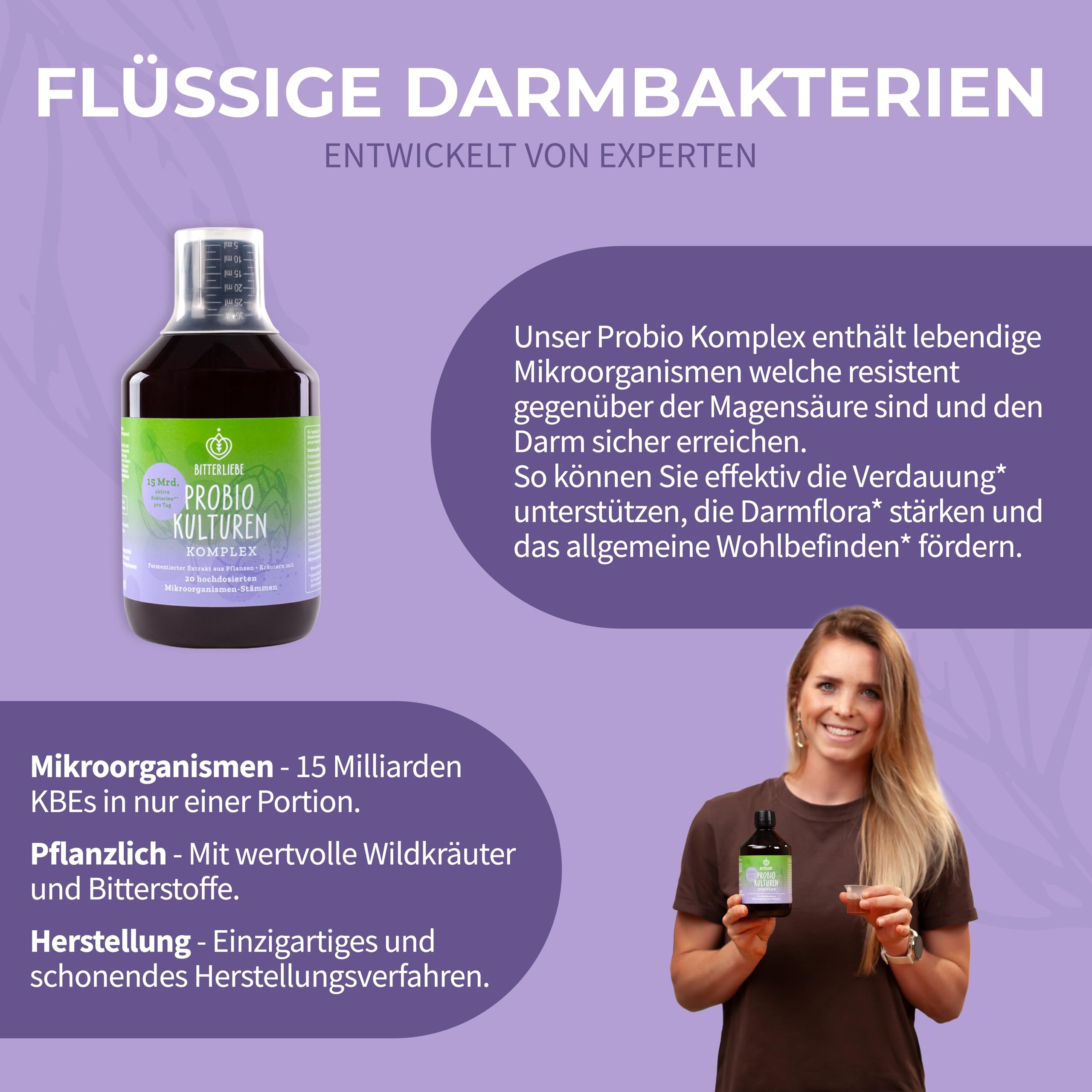 BitterLiebe® Bitter Probio-Kulturen Komplex - flüssige Darmbakterien - magensaftresistentes Mittel mit 20 Bakterienstämmen-15 Milliarden Bakterien