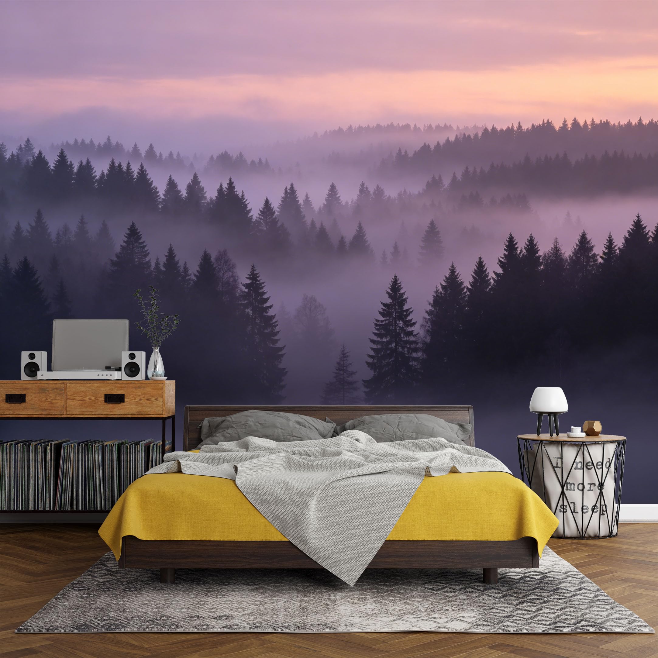 Custom Size Wall Mural Misty Pine Forest Landscape Purple Sunset SelfAdhesive Art Prints wall Fabric（No PVC） Removable Wallpaper Living Room Decor Nature Wall Art