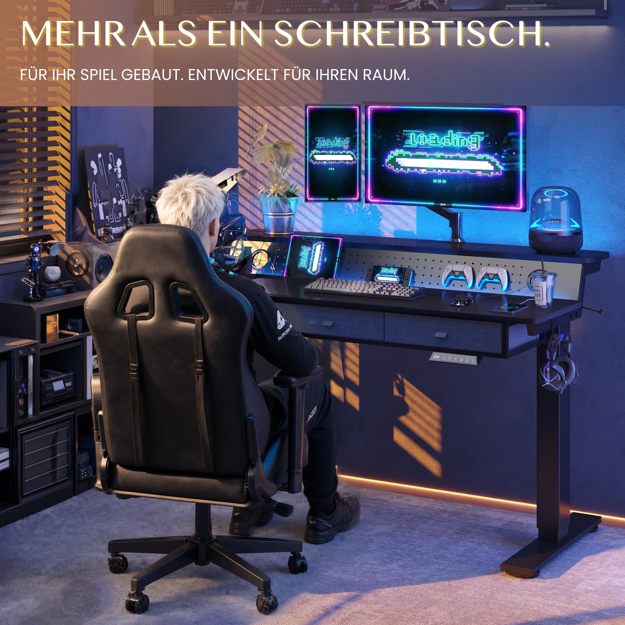 FLEXISPOT Höhenverstellbarer Schreibtisch für Gaming, 2 Ebenen, Schwarz