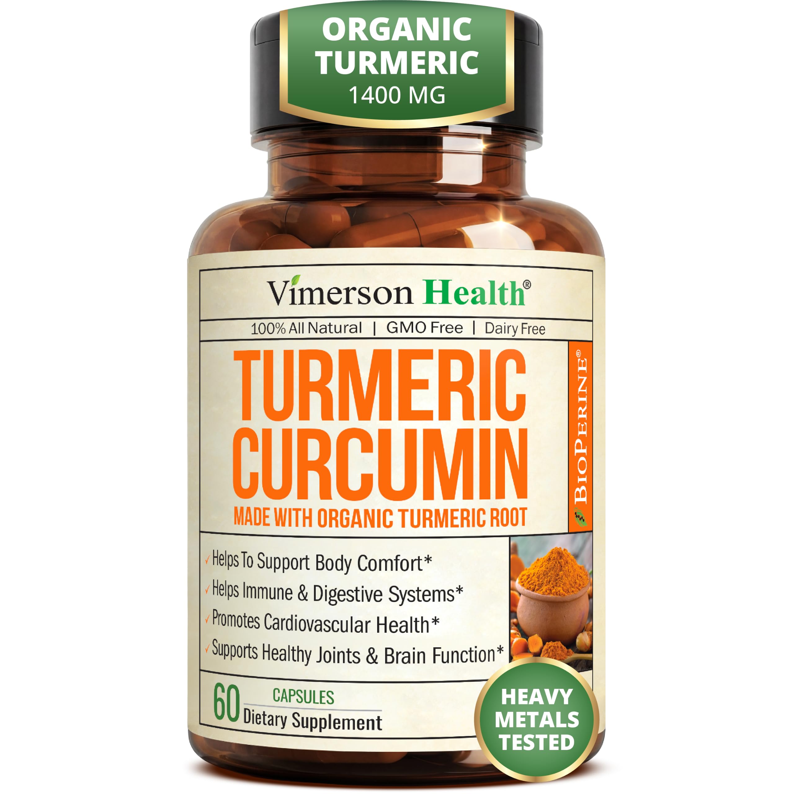 Turmeric Curcumin Supplement – 1400mg Organic Turmeric + BioPerine. 60 Caps Turmeric 1400mg