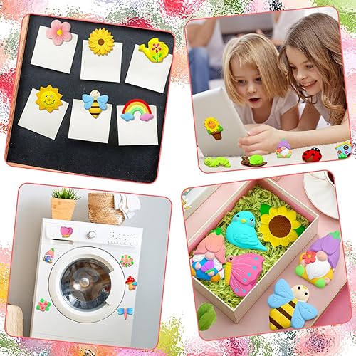 Miniatura 7 de Simgoing Juego de 24 juegos de arte y manualidades de primavera para niños, kit de pintura de cerámica sin pintar con 24 imanes, 4 pinceles y 2