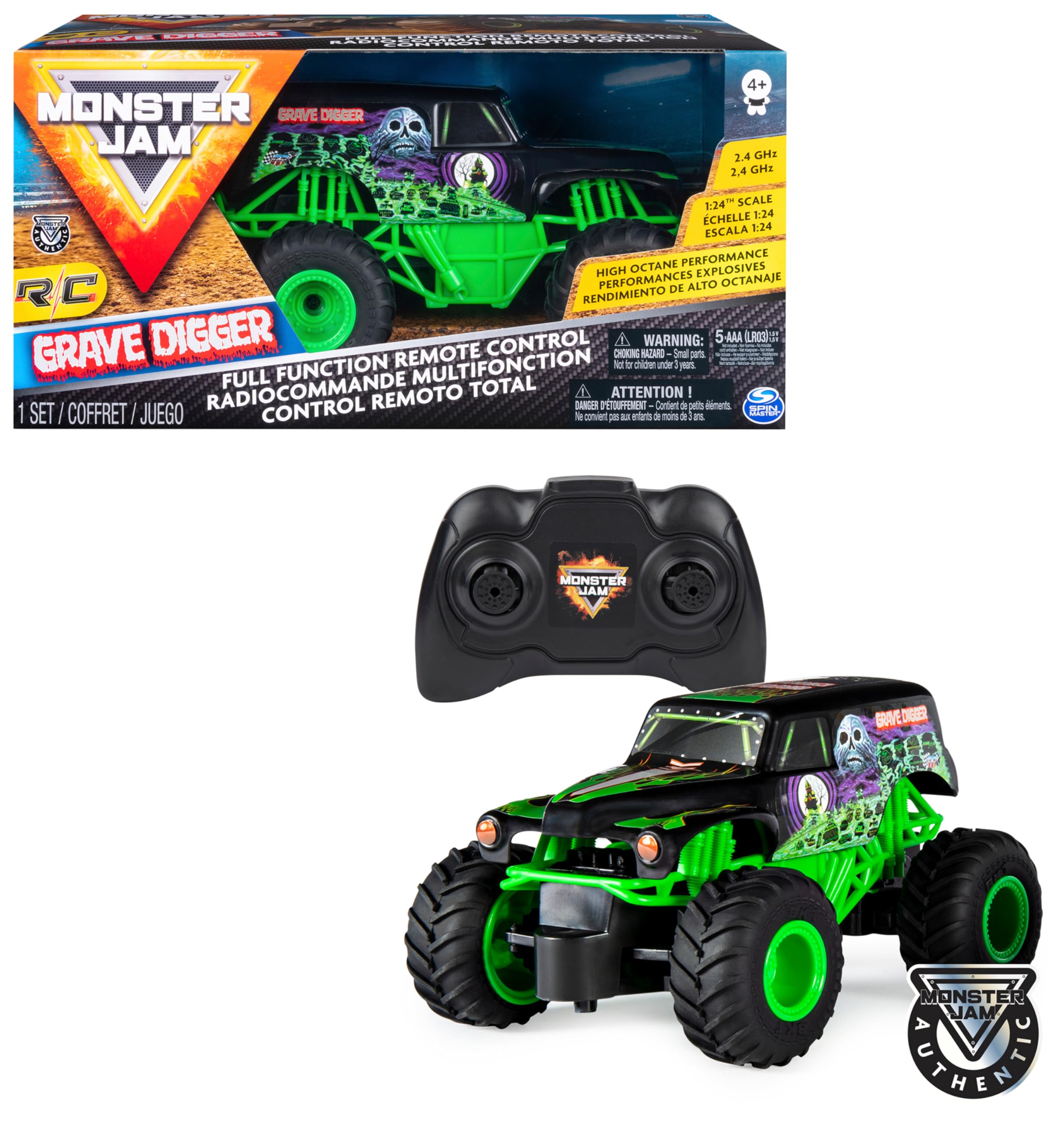 Monster Jam - Coche Teledirigido Grave Digger - Coche RC Grave Digger a Escala 1:24-2.4GHZ hasta 76m - Juguetes Niños 4 Años +
