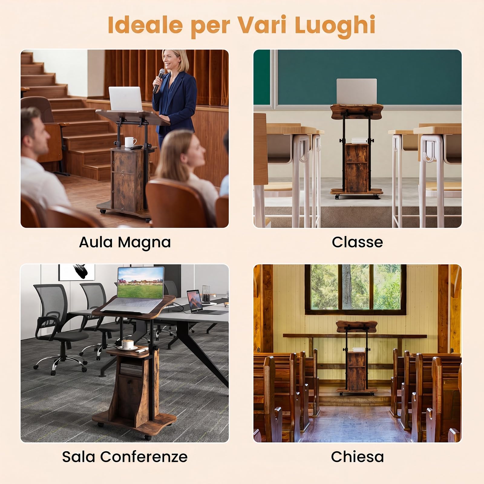 COSTWAY Podio Conferenza, Leggio Regolabile in Altezza con Ruote, Piano Inclinabile, Ripiano, Vano e Armadietto, Scrivania Porta PC per Casa e Ufficio, 55 x 40 x 68,5-91,5 cm
