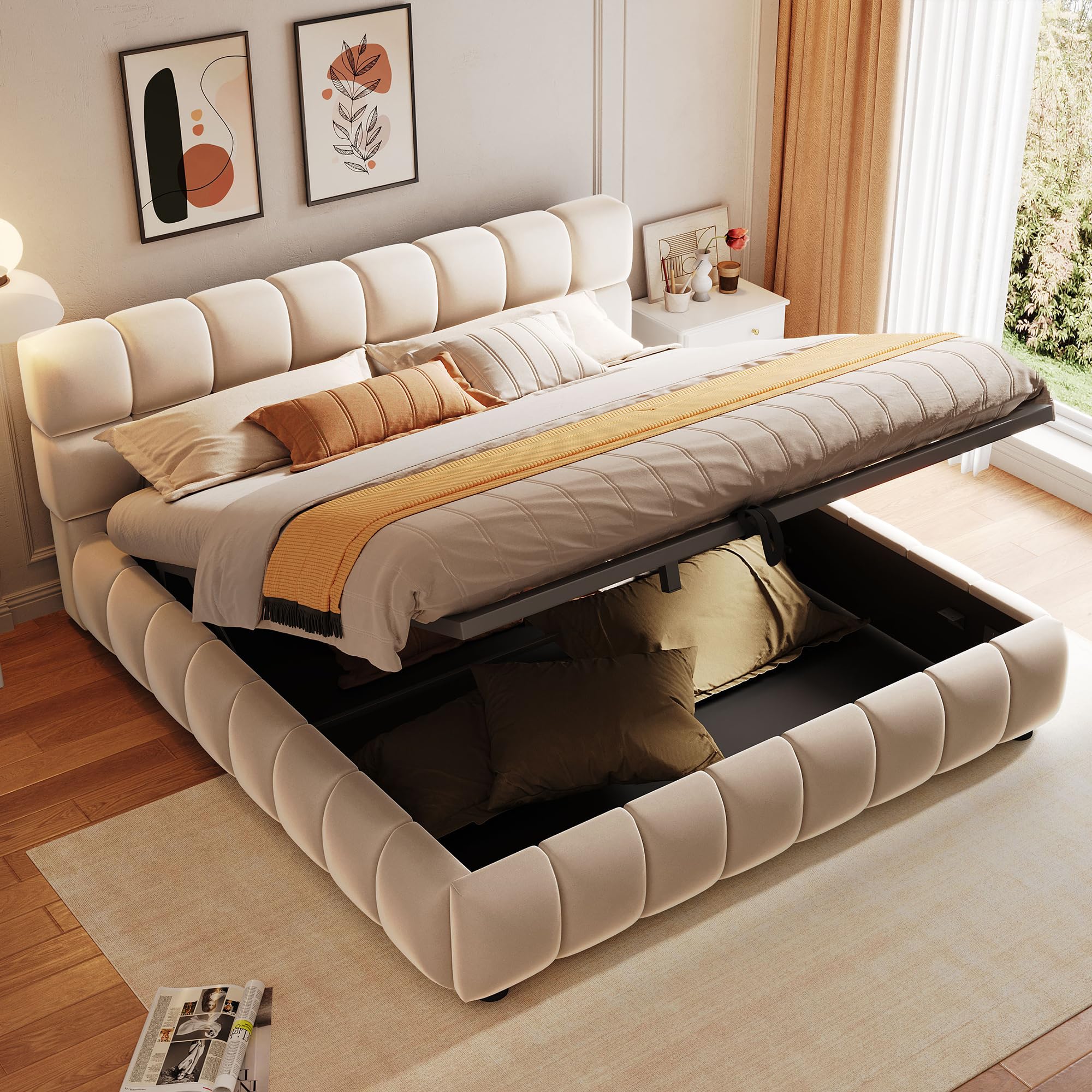 Cama tapizada de 140 x 200 cm, cabecero y laterales de cama con forma sólida y voluminosa, equipada con función de almacenamiento hidráulico, colchón integrado, cama doble, tela de terciopelo, sin