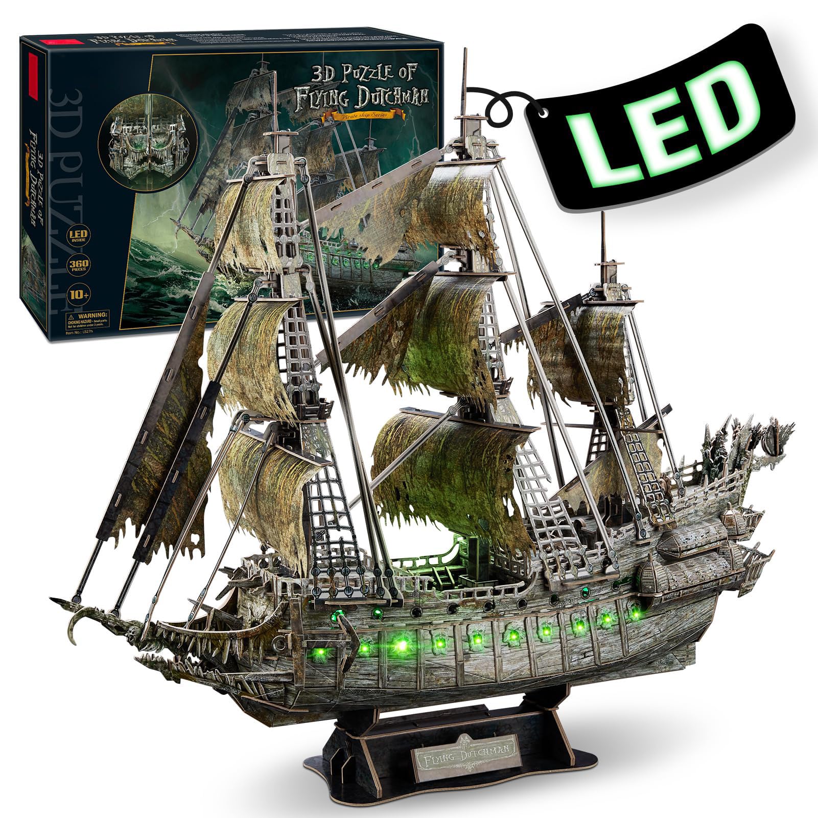 3D Pirate Ship Model Kit - Green LED Flying Dutchman Puzzle, Collectible Building Project for Adults, DIY Arts & Crafts, Easter/Valentine's Day Gift Style1