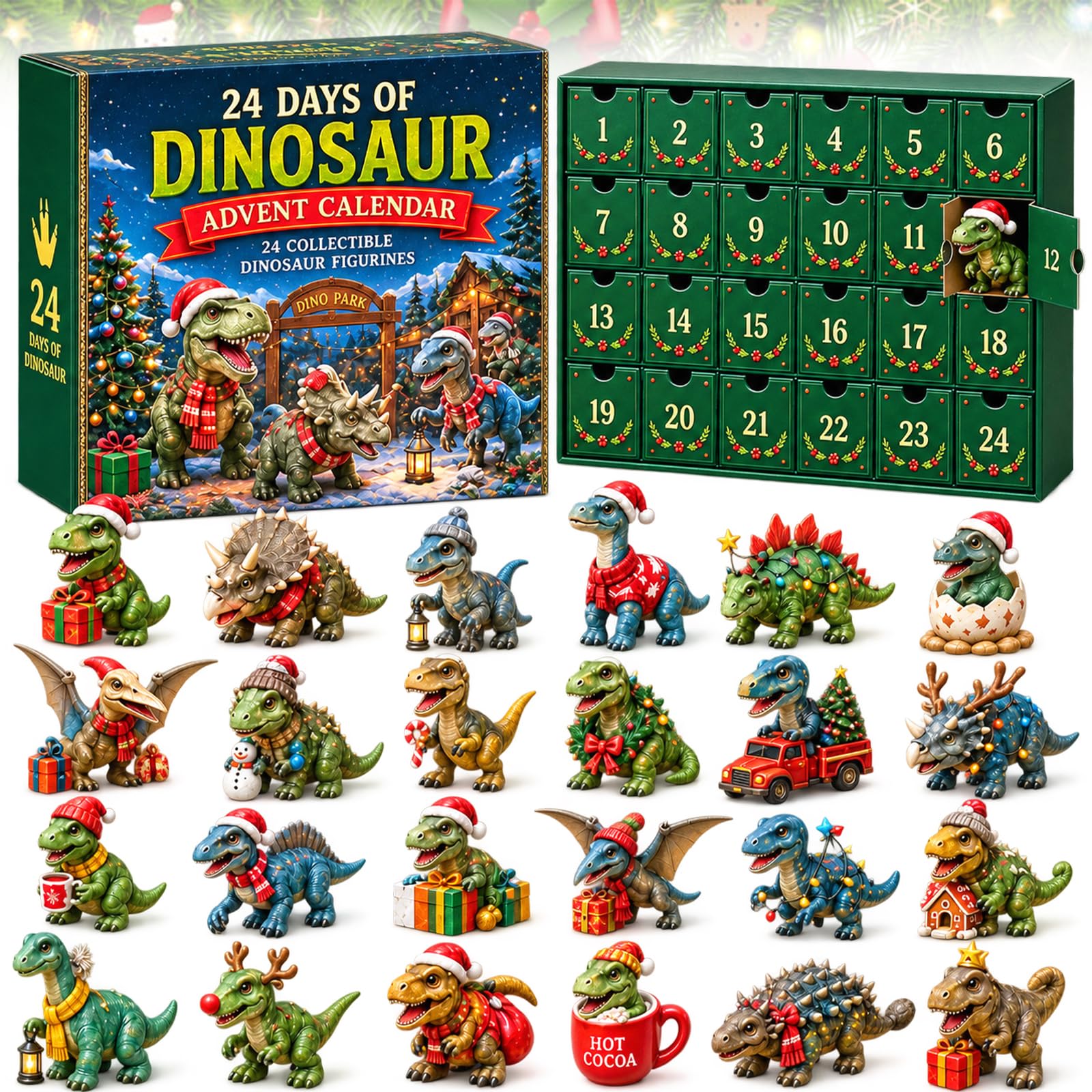 24 Days of Dinosaur Christmas Advent Calendar 2026, Cute Dinosaur Advent Calendar 2026, 24 Days Christmas Countdown Calendar with 24 Mini 2D Dinosaurs Ornament, Gift for Dinosaur Lovers