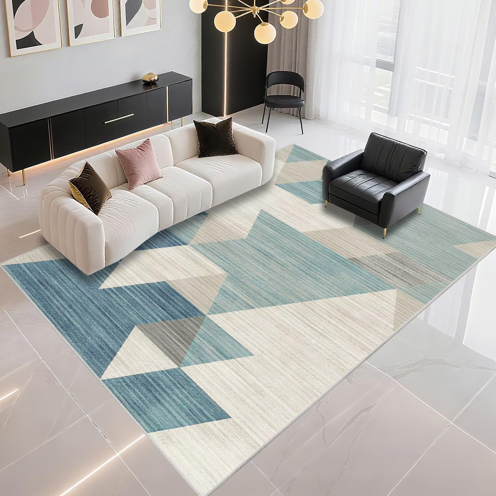 Tapis de couloir géométrique bleu anti-salissure et robuste