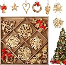 Natural Straw Christmas Tree Hangings - 38pcs Pendants with Wooden Box - Xmas Ornaments