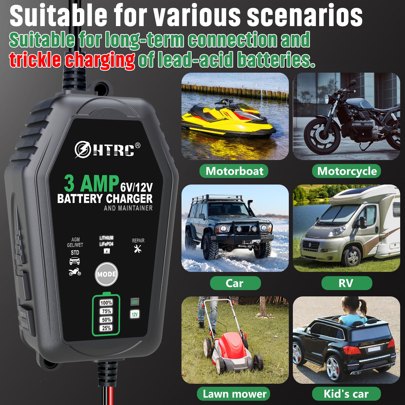 HTRC Cargador de batería inteligente de 3 A de 6 V/12 V, cargador automático de goteo y mantenedor con desulfador, compensación de temperatura, para baterías de coche, motocicleta, plomo-ácido, AGM