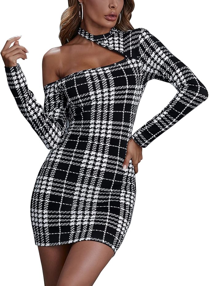 Womens Casual Dress Plaid Slim Long Sleeve Fashion Plaid Off-Shoulder High-Waist Midi Dress 