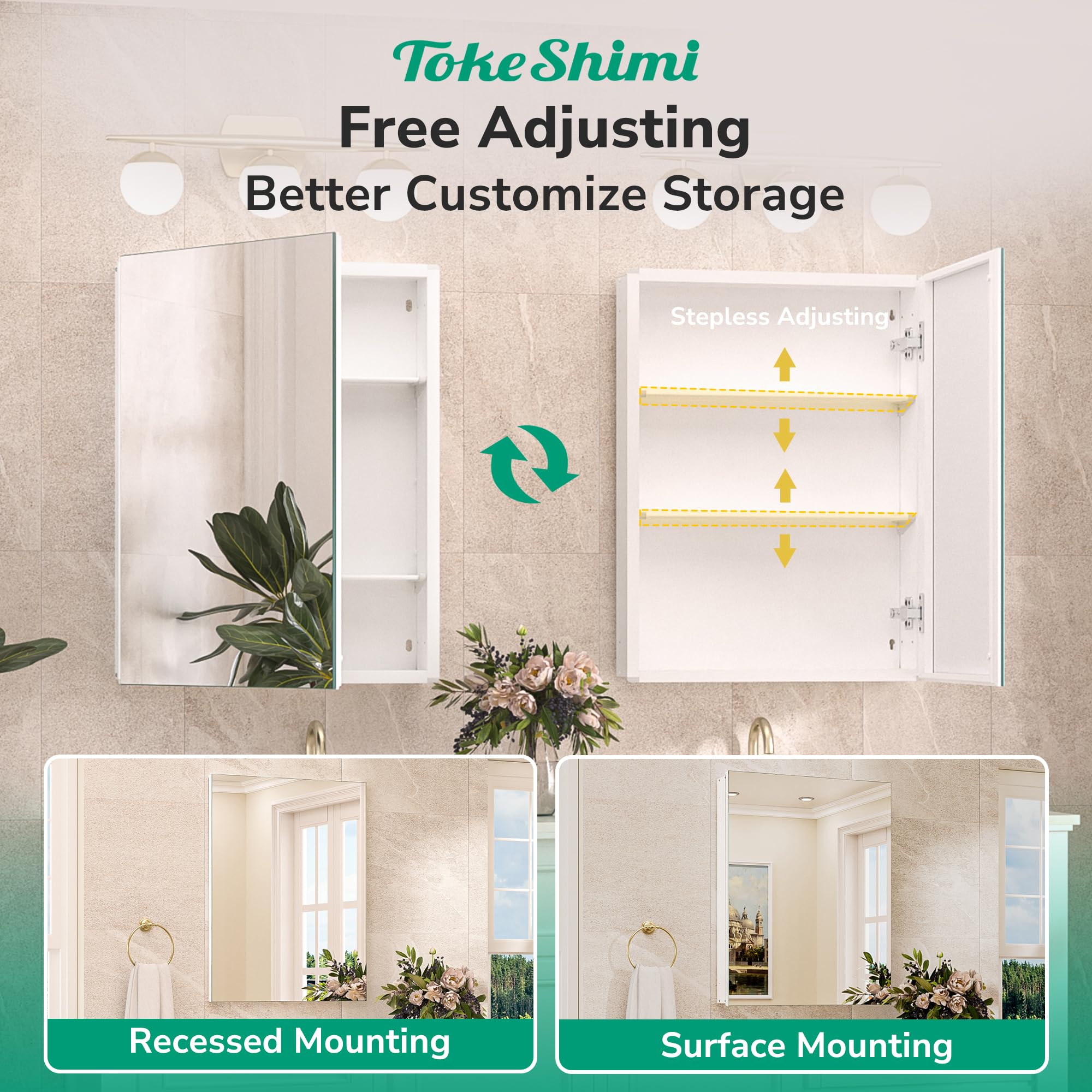 TokeShimi Botiquín de 24 x 32 pulgadas con espejo empotrado o montaje en pared, botiquín de baño de aluminio templado blanco con espejo con almacenamiento ajustable continuo de metal para casa de