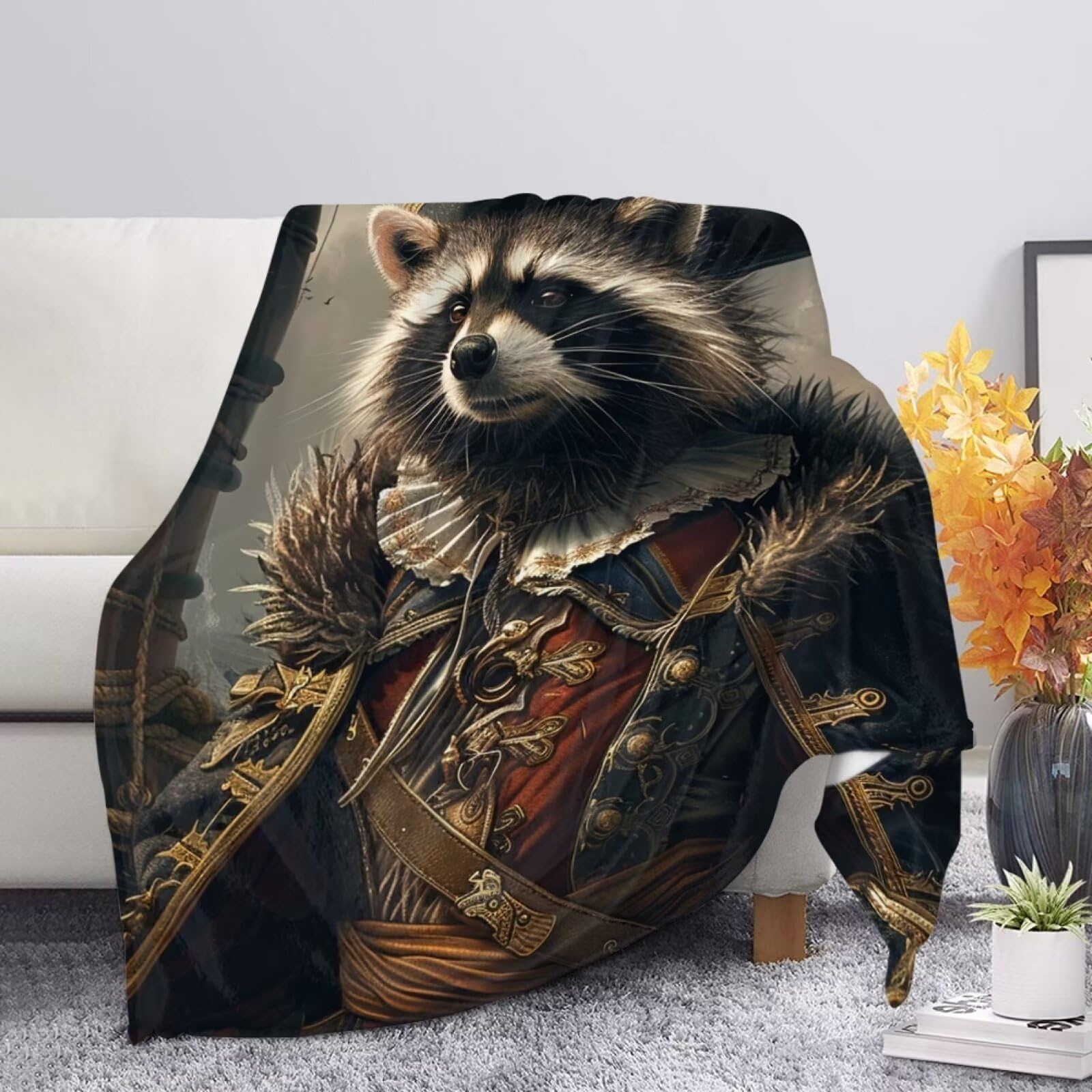 Allcute Funny Pirate Raccoon Throw Blanket for Couch Bed Cozy Black Soft Blankets for Women Spring Winter Fall Sofa Blanket Home Decor