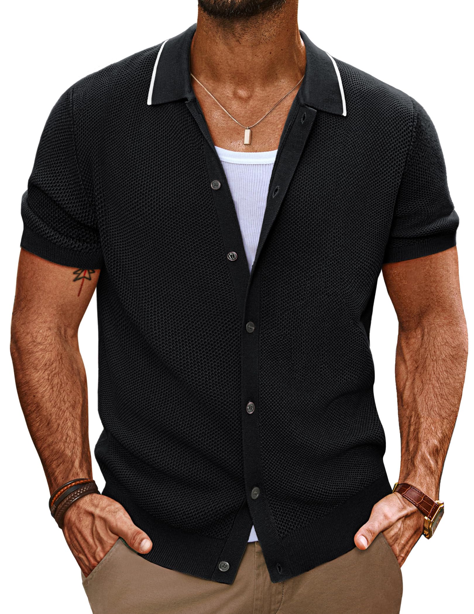 PJ PAUL JONESMen's Knit Button Down Shirts Short Sleeve Vintage Polo Shirt Casual Summer Beach Shirts