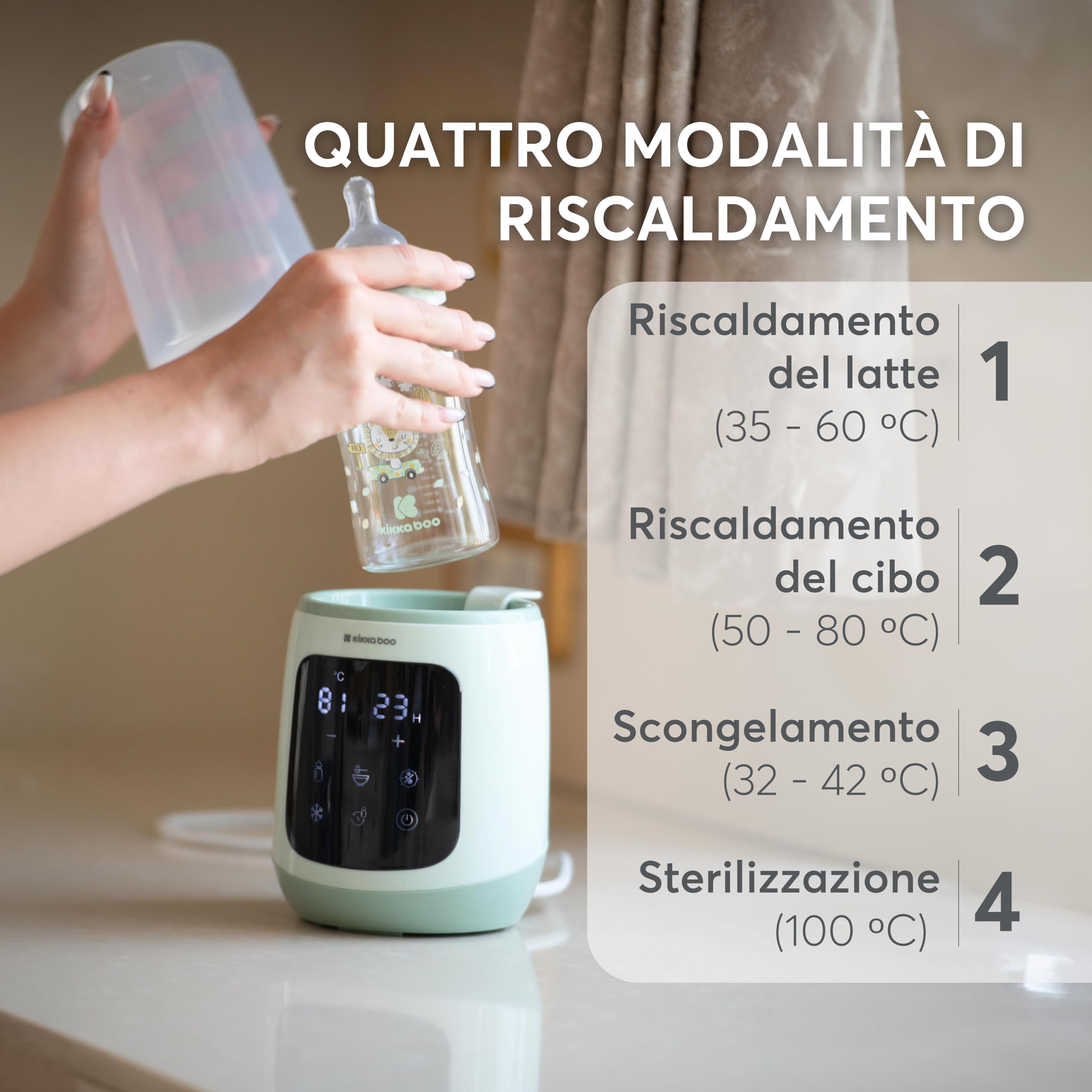 KikkaBoo CALDO Scalda biberon 4 in 1, Scalda latte e cibo, Sterilizzatore per biberon, Scalda biberon veloce e portatile, Menta