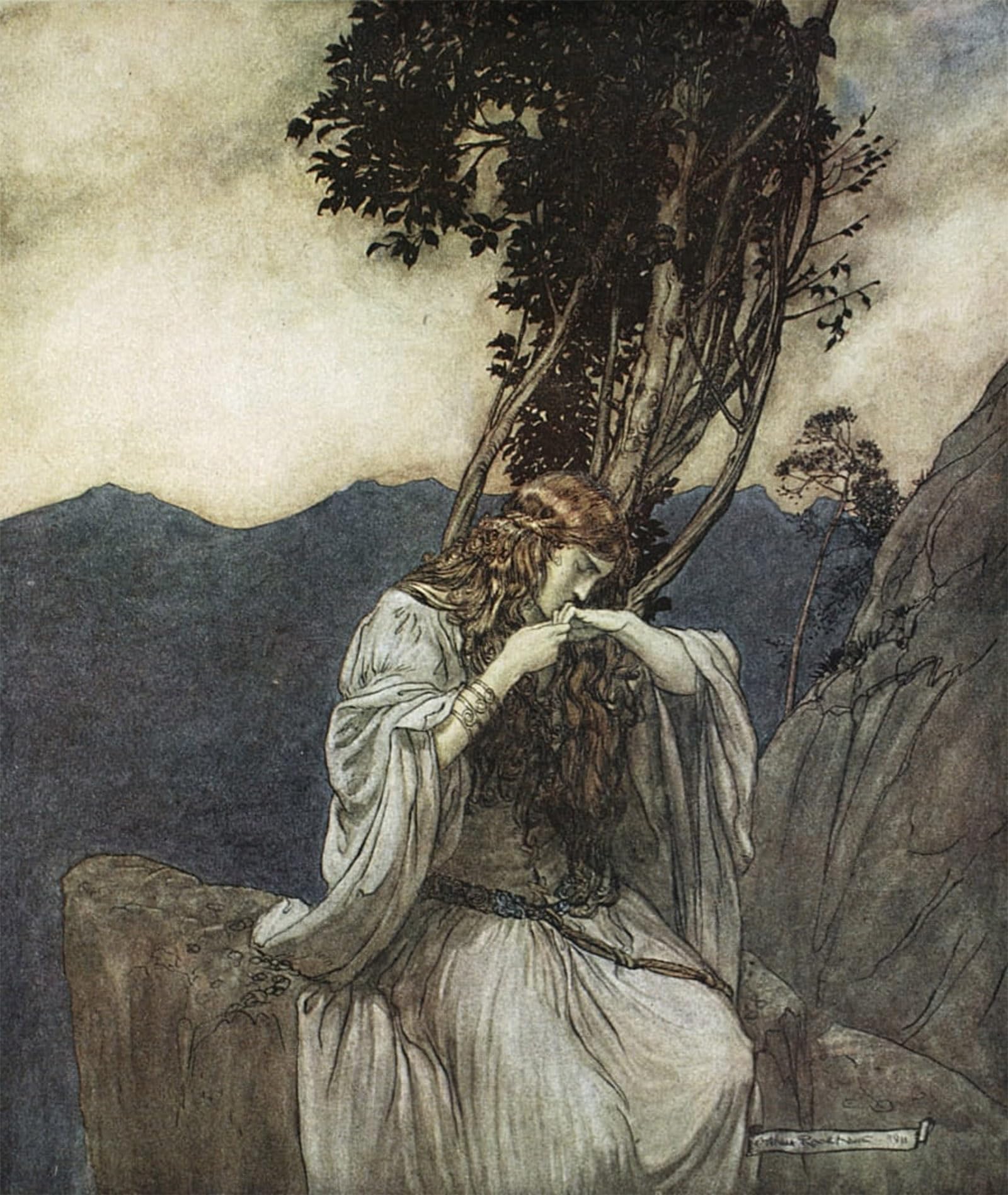 ARTXLXXBN Famous Painting Art Wall Decor Abstract Art Picture Brunnhilde Kisses the Ring That Siegfried Has Left with Her by Arthur Rackham Animal Pictures for Home Decor 60x90cm