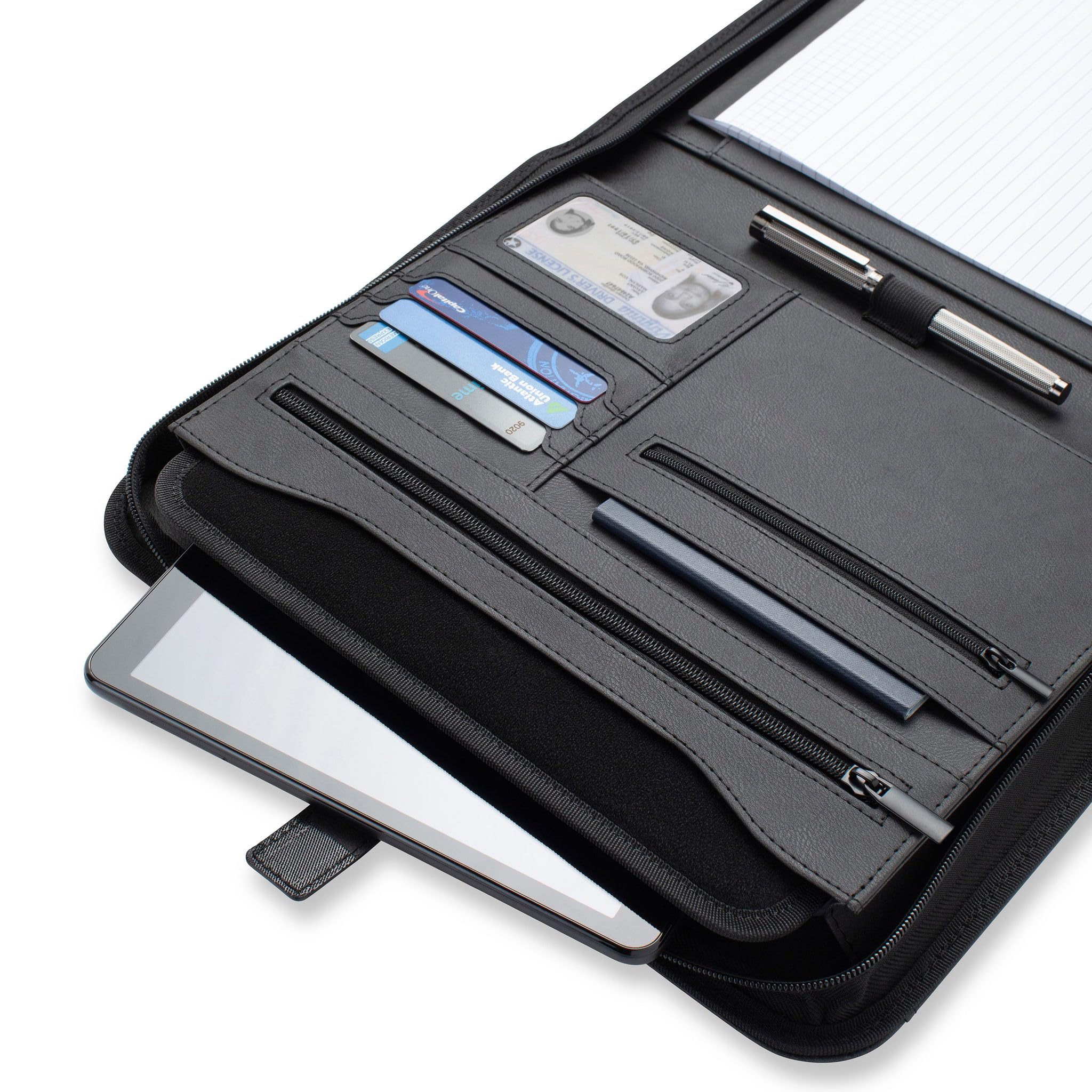 Forevermore Portfolio-Padfolio-Ordner mit Reißverschluss, professionelle Kunstleder-Reise-Organizer-Tasche für Tablet, Dokumente, Präsentationsmappen, Reißverschluss, Notizblock, Schwarz