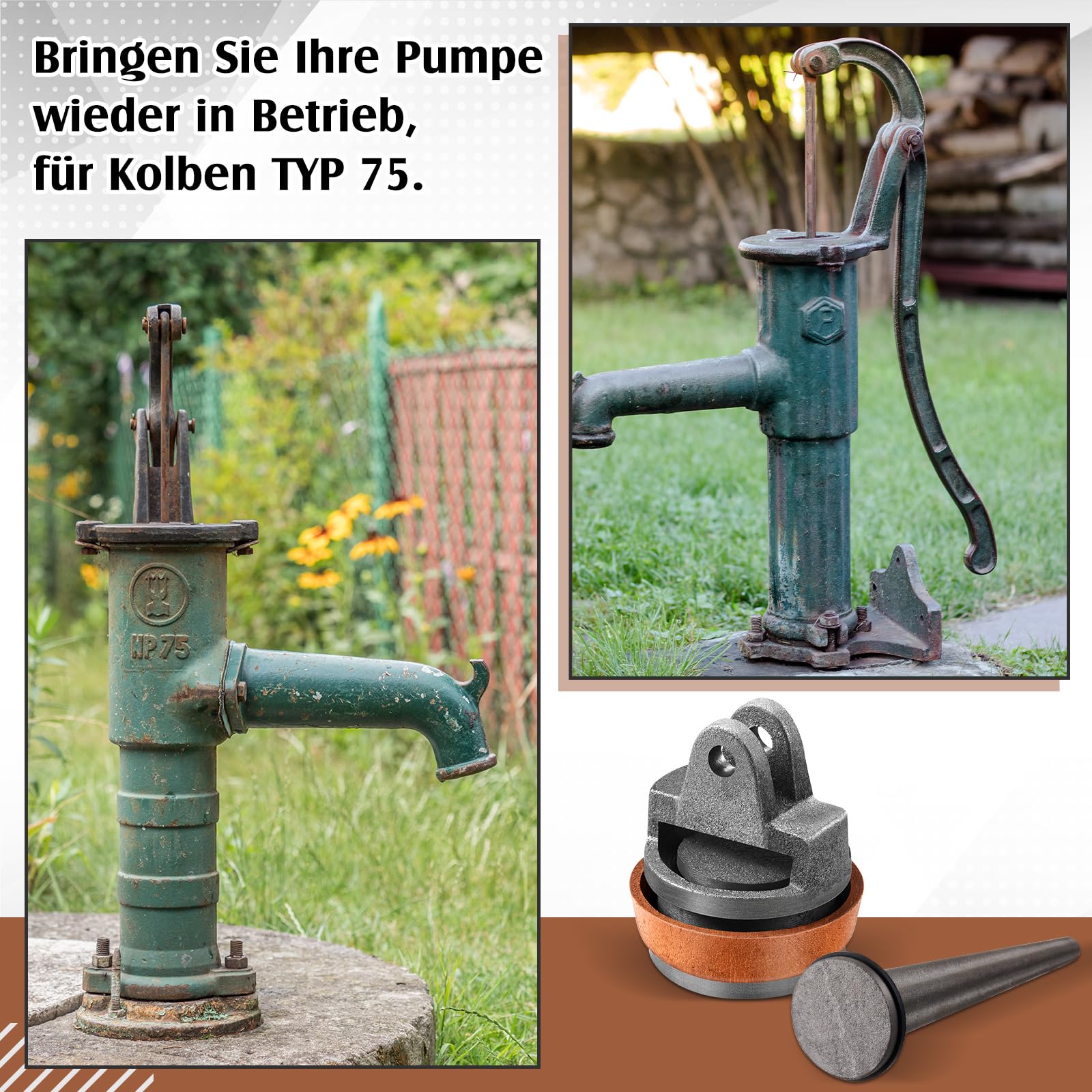 Sinmoe Ersatzkolben für Schwengelpumpen Typ 75 mit Nasenstechventil Bolzen Satz Ledermanschette Dichtungsring Kolben Komplett Wasserpumpen Ersatzteile Pumpendichtung Handpumpen Gartenpumpe(Grau)
