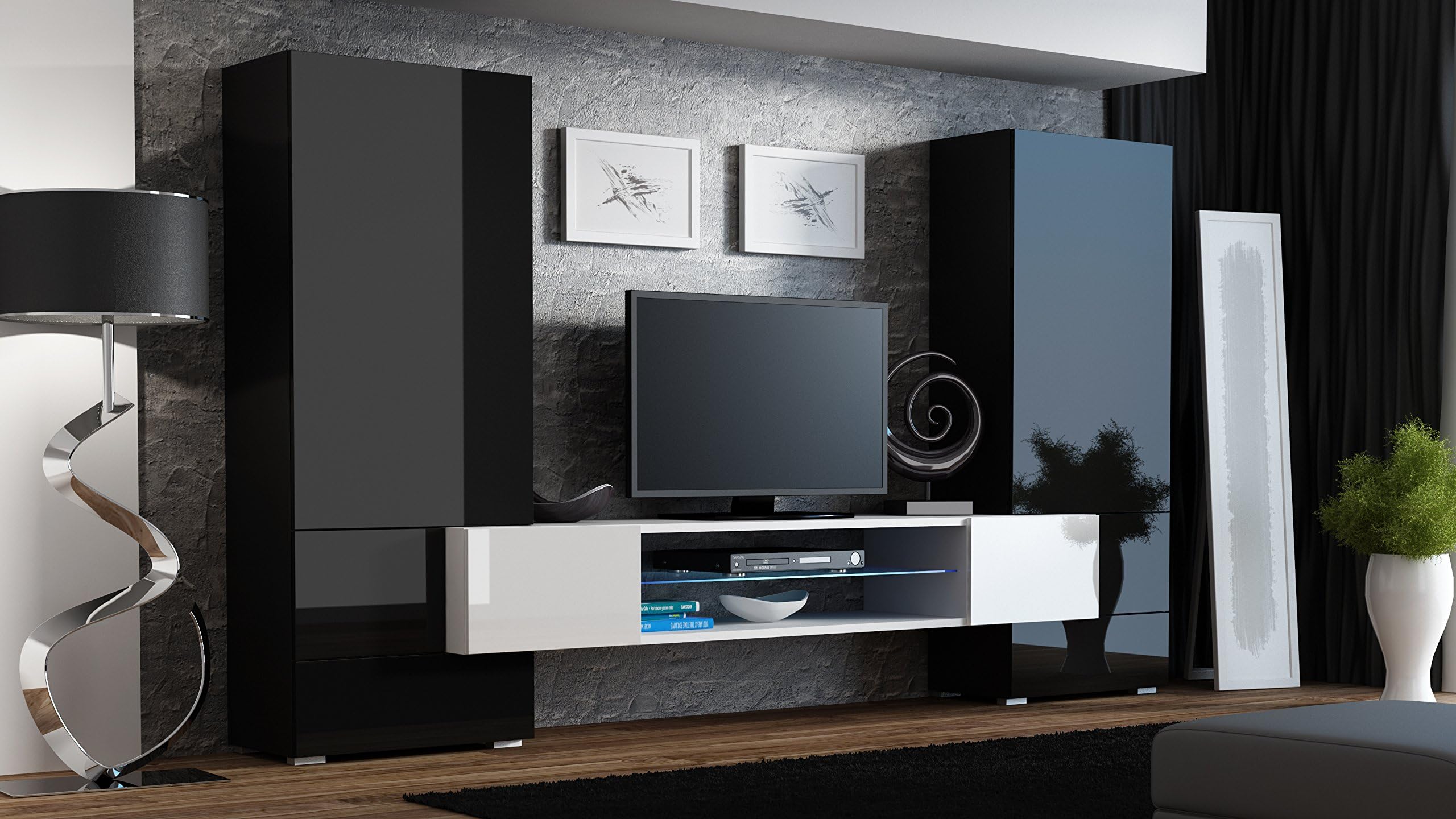 BMF TORRO WALL UNIT/TALLBOY CABINETS FLOATING TV STAND LED GLASS SHELF HIGH GLOSS - BLACK/WHITE