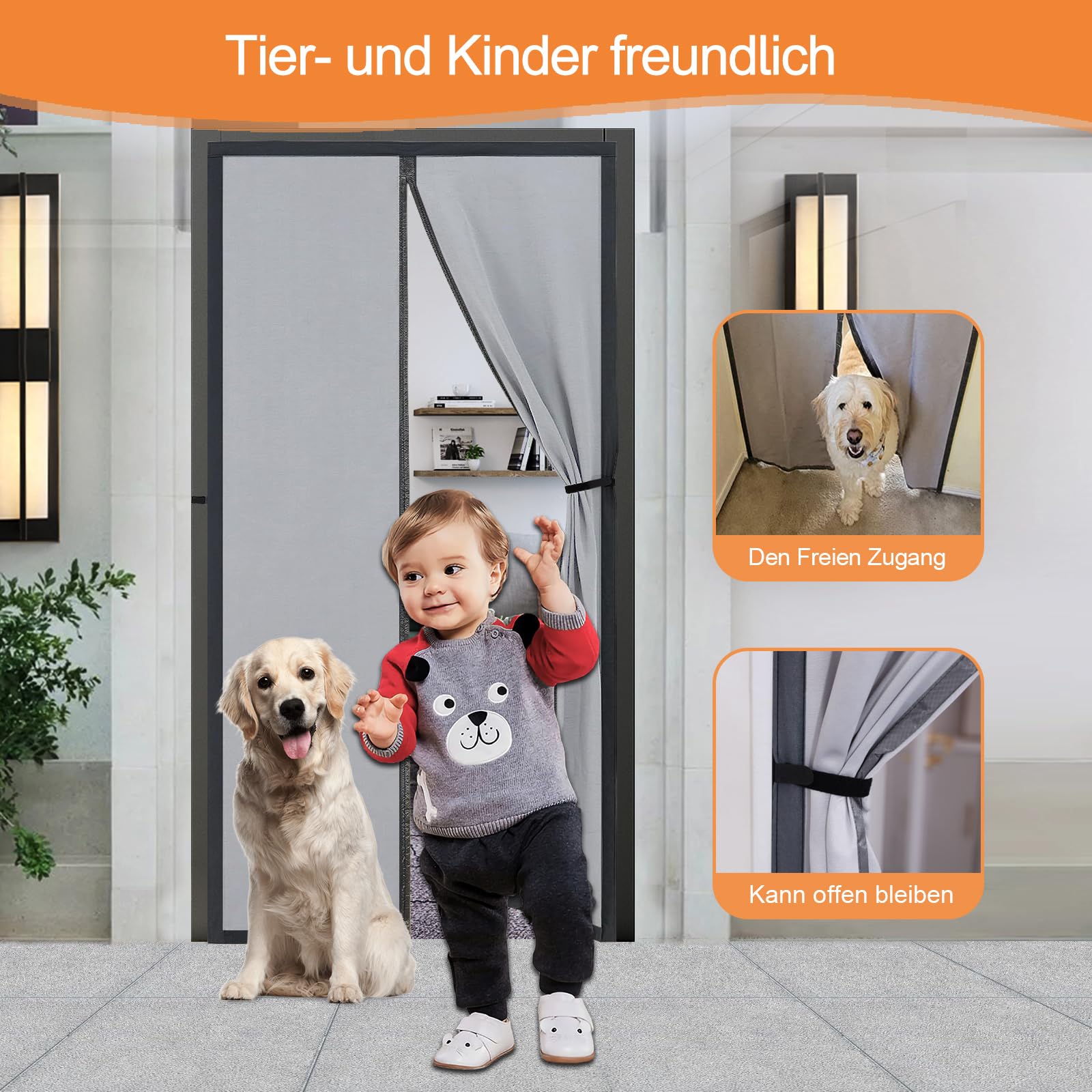 Magnet Thermovorhang Tür 120x220cm, Full Frame Klettverschluss Verdunklungsvorhänge Automatischer Verschluss Magnetische Adsorption, für Haustür Wohnzimmer- Hellgrau