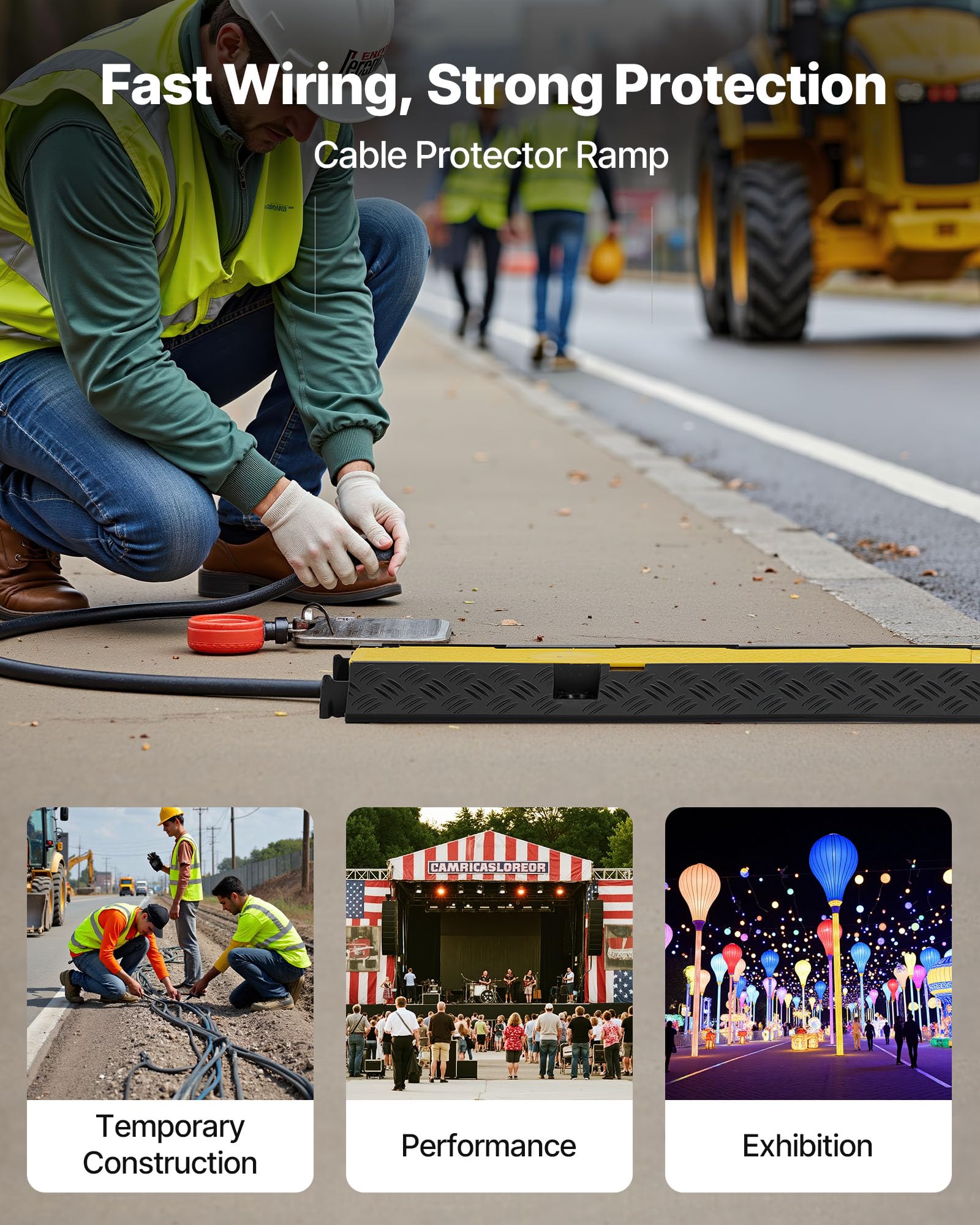 VEVOR Protector de Cables para Suelo de 2 Canales de 32 x 31 mm, Rampa de Protección de Cable Carga de Capacidad de 9979 kg, Rampa de Caucho para Interiores, Exteriores, Hogar, Oficina, Almacén