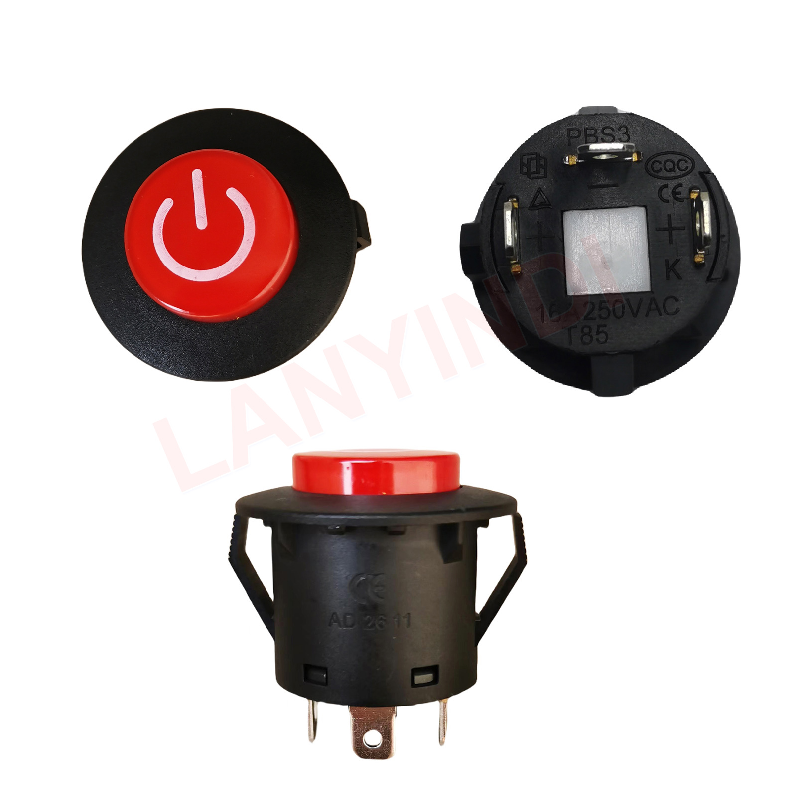 Three views of the SHENGLE Power Button Start Switch: top view, bottom view showing terminals, and a side view.