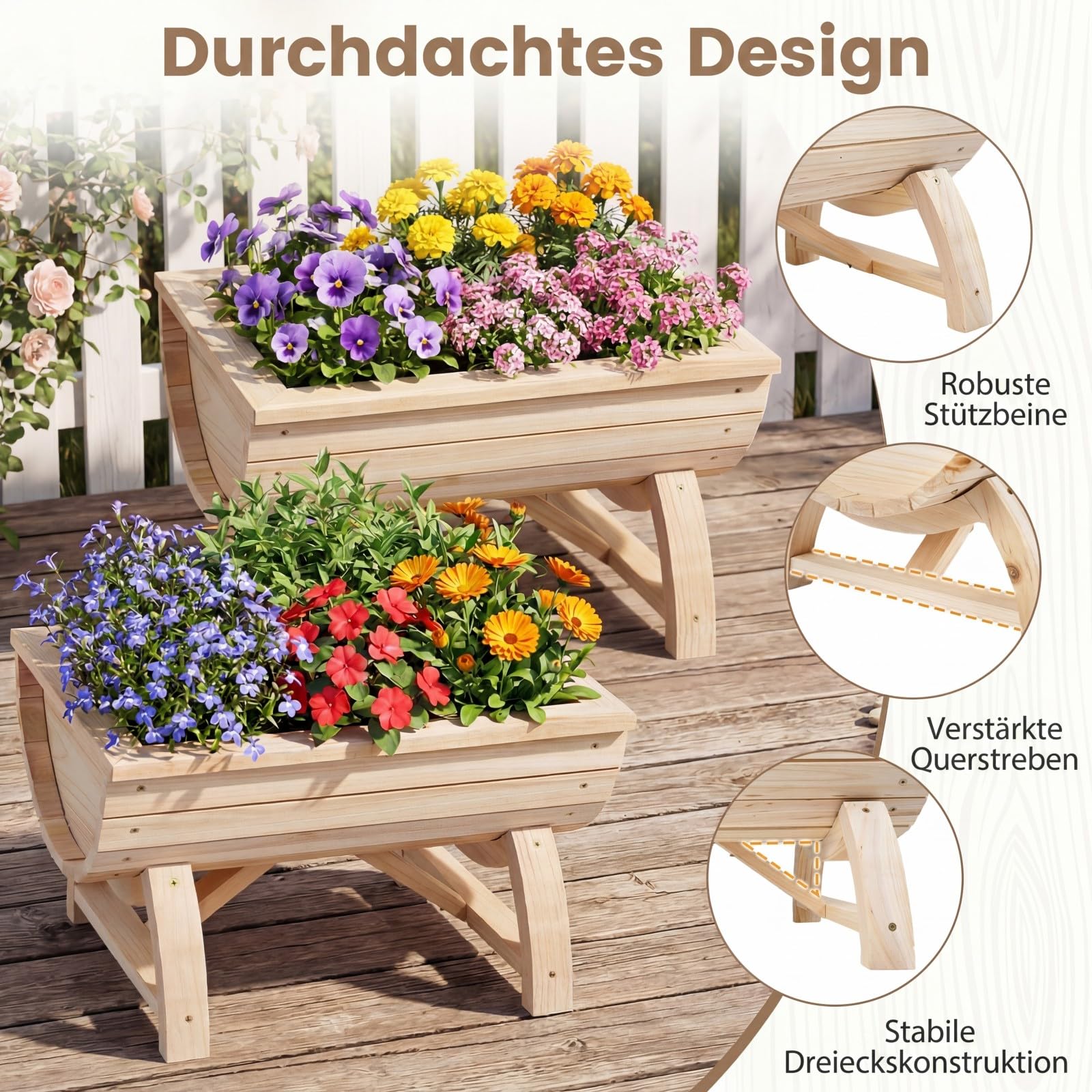 COSTWAY 2er Set Blumenkasten, Hochbeet aus Holz, halbes Blumenfass, Pflanzkasten mit Entwässerungsloch & Beinen, Pflanzfass Blumentopf Tannenholz, Gartendeko Outdoor, 39 x 30 x 24 cm, Natur