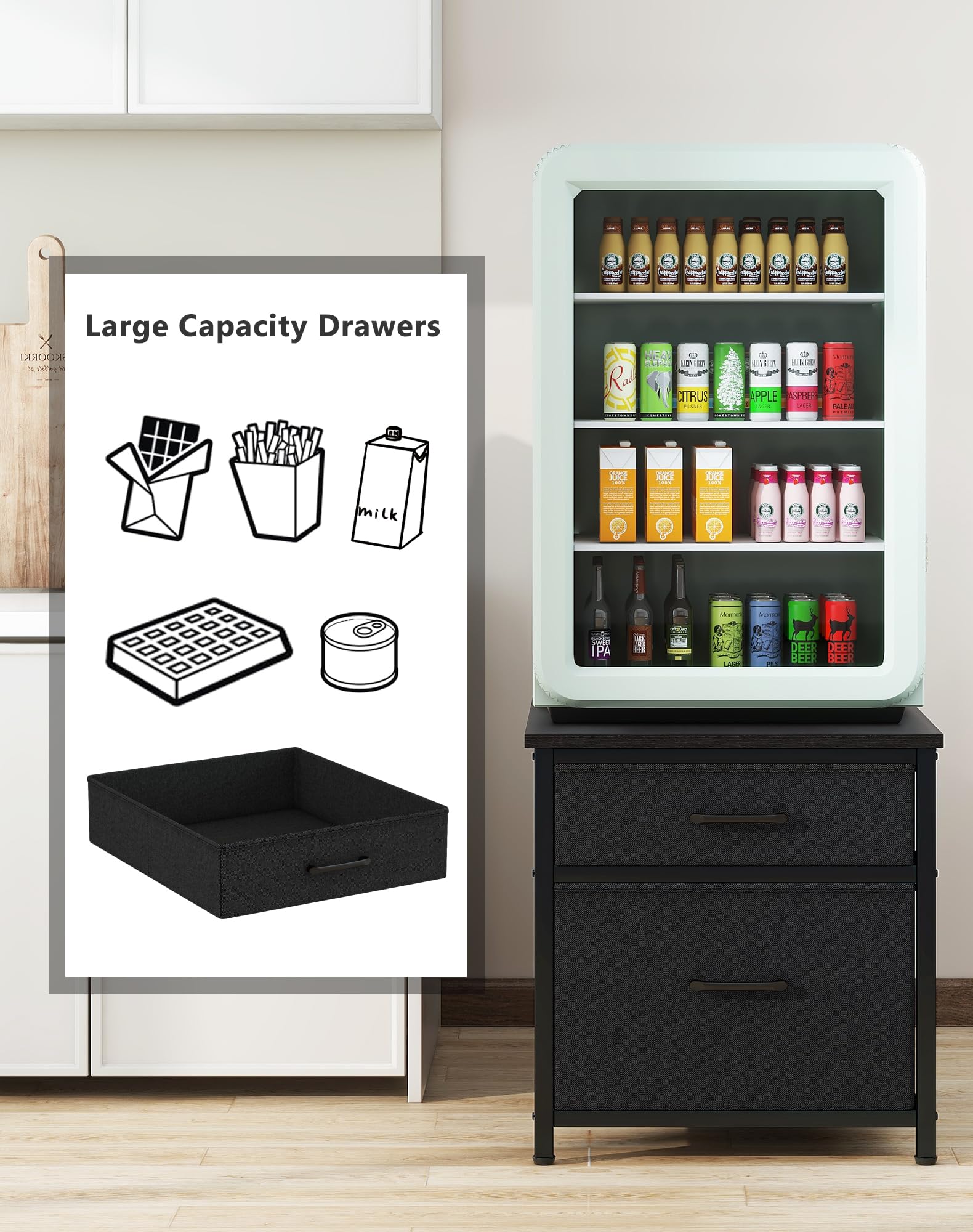 YMYNY Mini Fridge Stand with Storage, Mini Fridge Cabinet with Fabric drawers, 250lbs Heavy-Duty Compact Refrigerator Table, Coffee Bar Shelf, for Home, Office, Bedroom, Black HBR008B