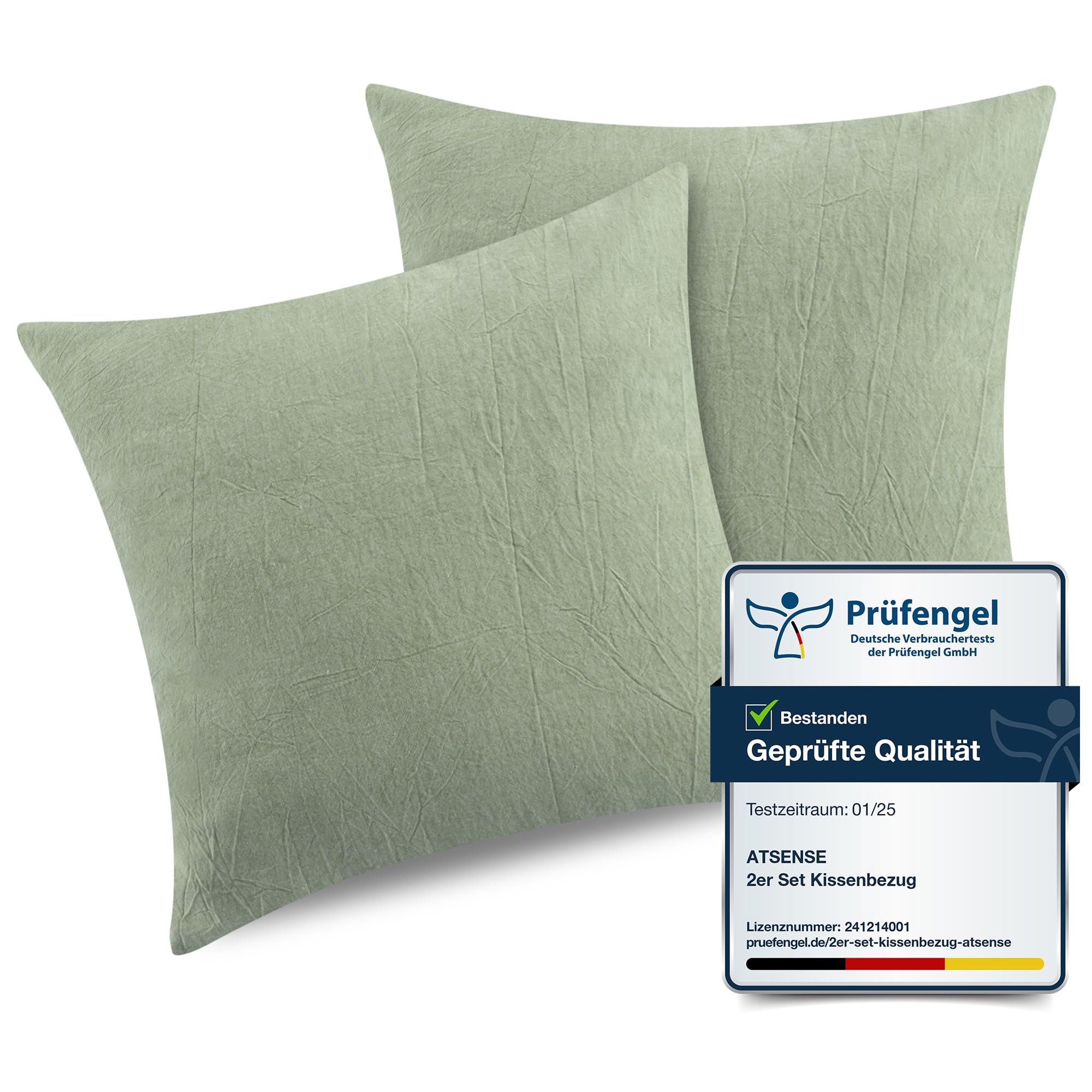 ATsense Set Di 2 Federe Per Cuscino 45x45 Cm In 100% Cotone Lavato Verde Chiaro – Con Cerniera, Certificato OEKO-TEX - 4