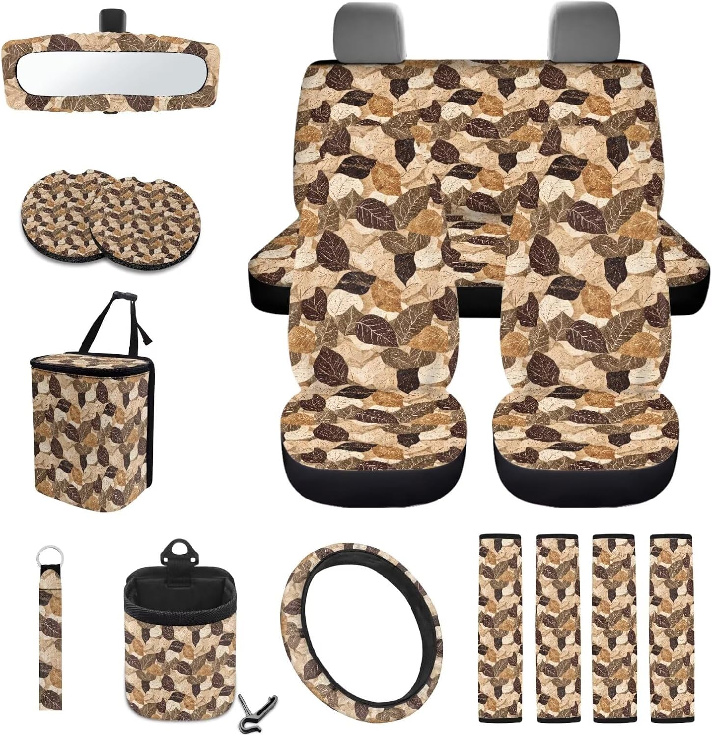 15 Pack Car Seat Cover Set Leaves Print Steering Wheel Cover Garbage Cans Air Vent Pouch Seat Belt Pads Cup Coasters Keychain Fit for SUV Trucks Vans Sedans, 15 Pack, Brown