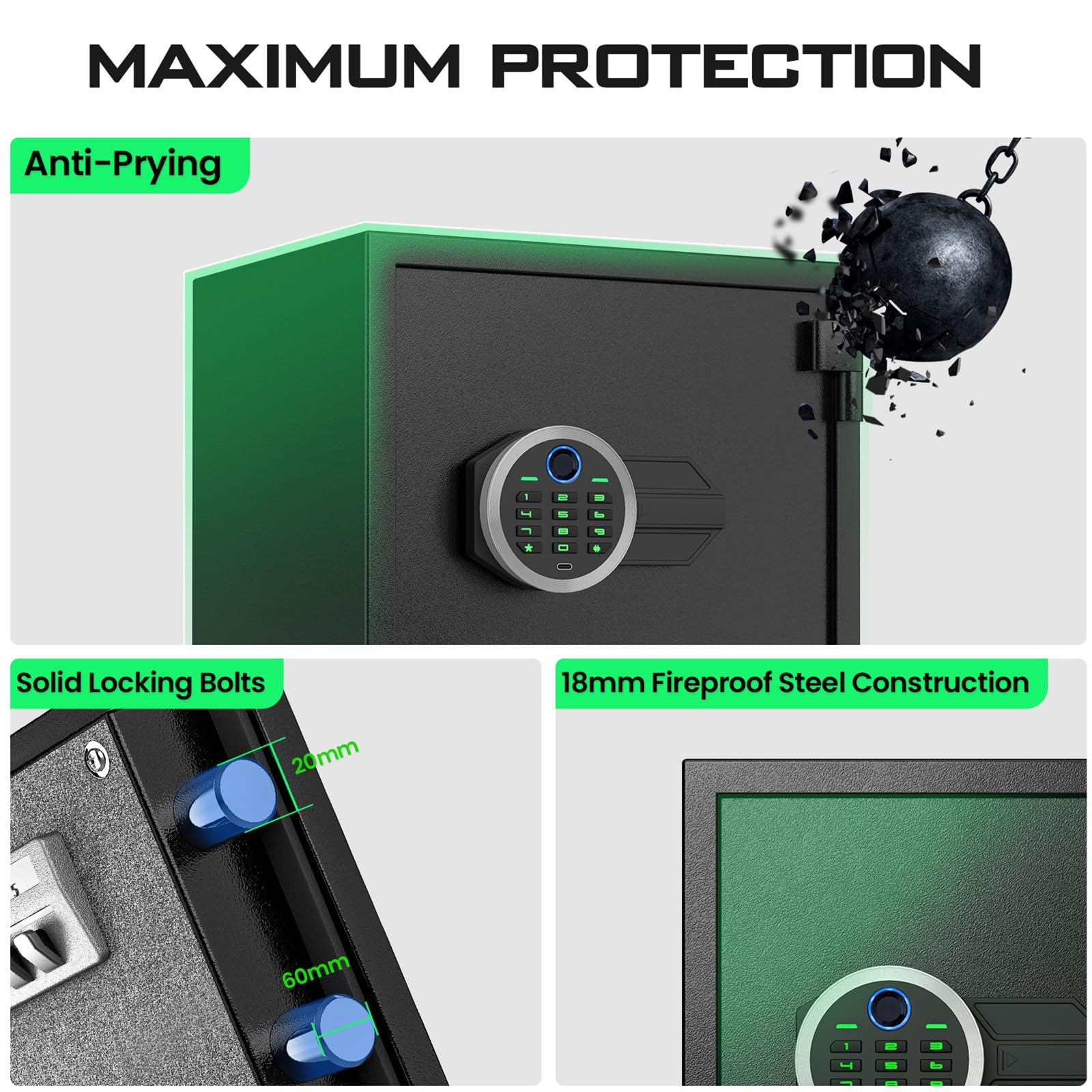 Cassetta di Sicurezza per Soldi Piccola Cassaforte Ignifuga In Acciaio con Combinazione Elettronica e Impronta Digitale Doppio Sistemas di Allarme Safe per La Casa, L'hotel e L'ufficio