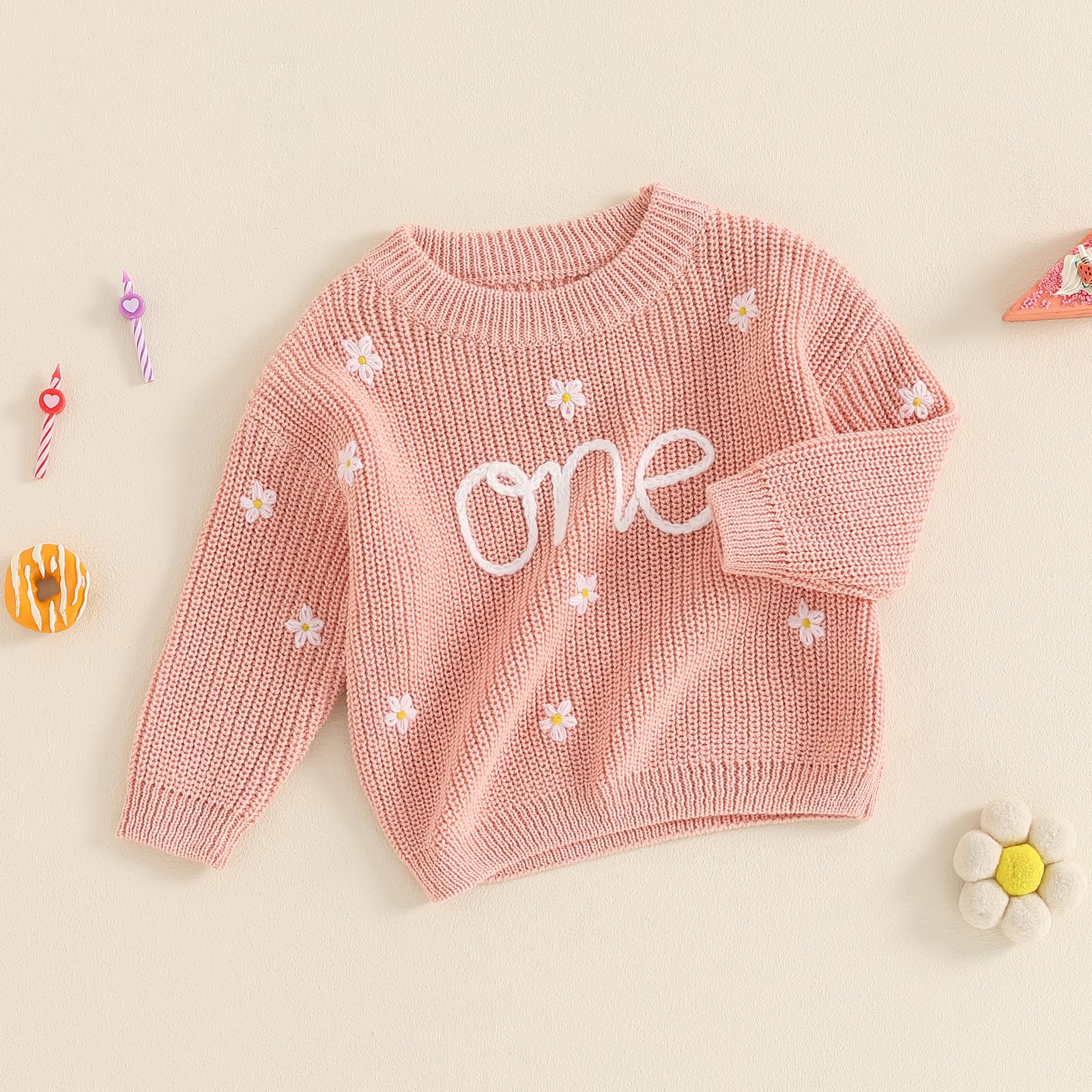 Maglione a maglia per il primo compleanno, a maniche lunghe, con lettere floreali, ricamate, per bambini, un anno di servizio fotografico