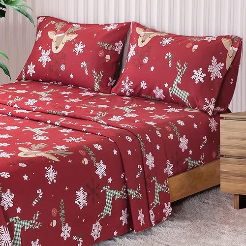 KeoWin Juego de sábanas tamaño matrimonial súper suave con patrón navideño, juego de sábanas de microfibra con 18 bolsillos profundos, juego de