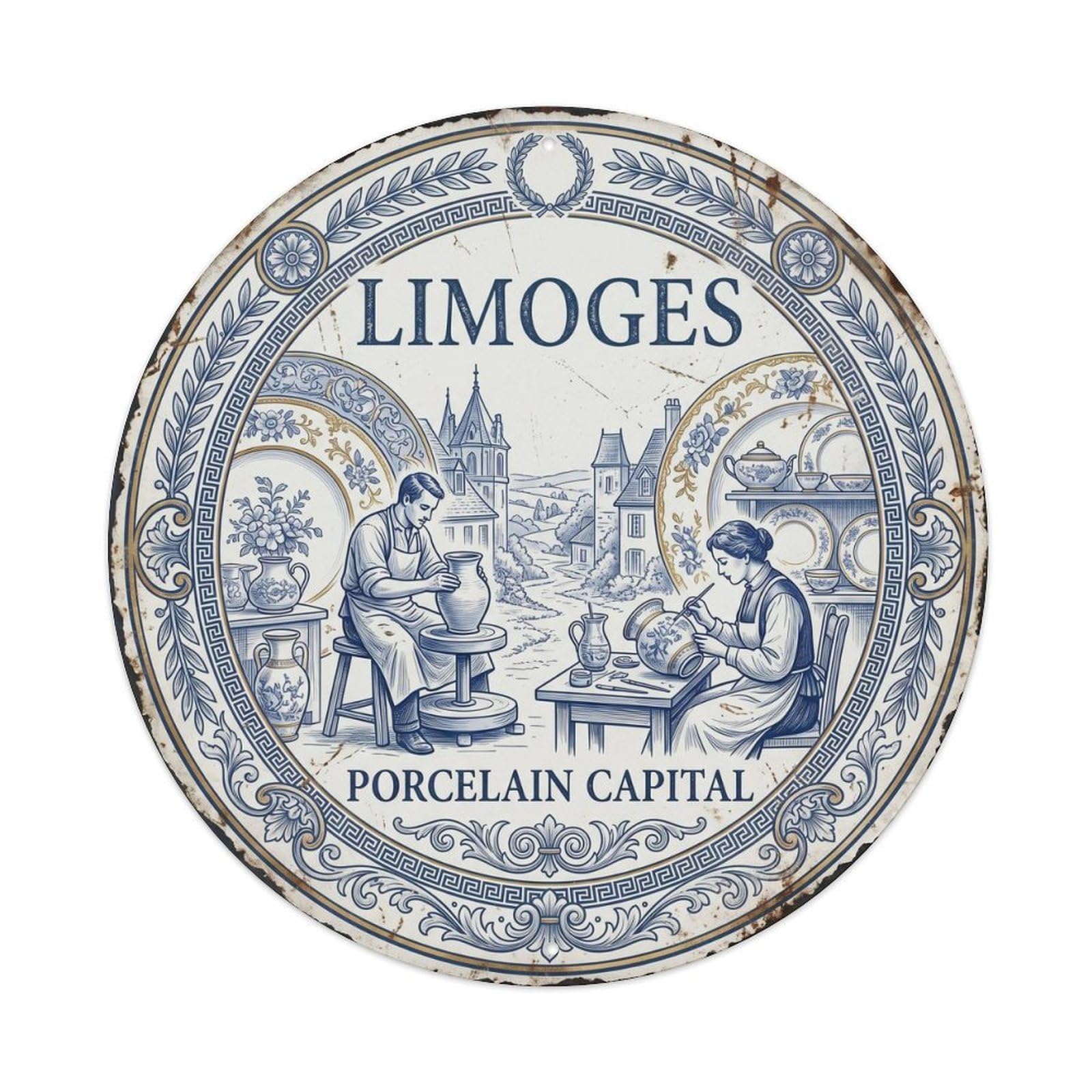 Limoges France Porcelain Cityscape Vintage Travel Map Cartography Metal Tin Sign Plaque Wall Decor for Cafe, Man Cave, Club Bar, Office, Home Garden Round Metal Poster 8x8Inch