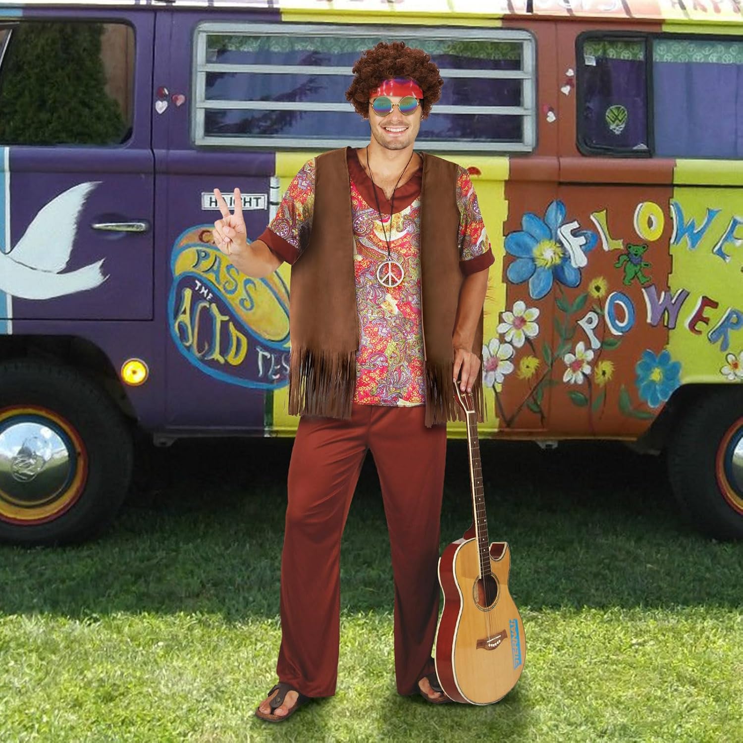 ACTLATI 60s Hippie Costume Set for Men Fringe Vest Wig Tie Dye Headband Peace Sign Necklace Sunglasses for Halloween Party - Image 3
