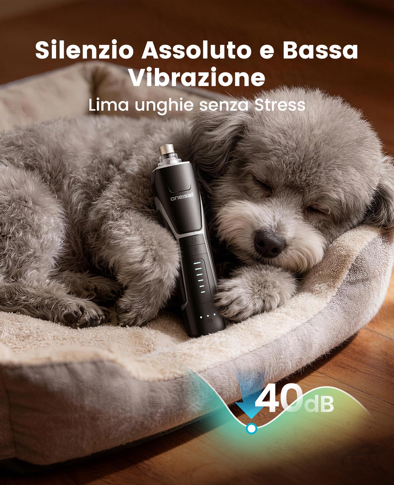 oneisall Lima Unghie Cani NG02 | Professionale, Luce LED a 360°, 6 velocità fino a 12000RPM, Silenzioso 40 dB, Adatto a cani di taglia grande, media
