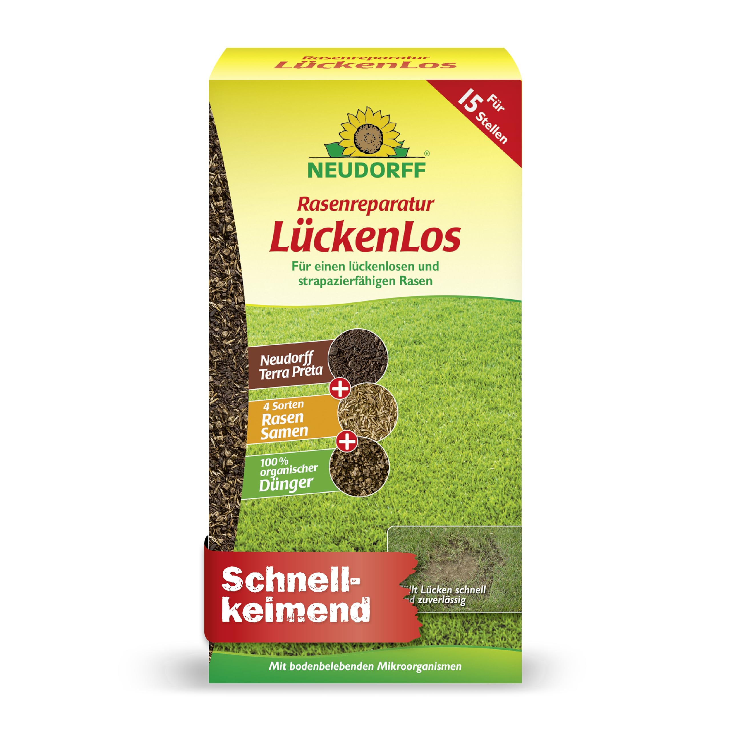 Neudorff Rasenreparatur LückenLos – Zur Ausbesserung von 15 Lücken für einen dauerhaften, strapazierfähigen und grünen Rasen, schnellkeimend, 1,2 kg