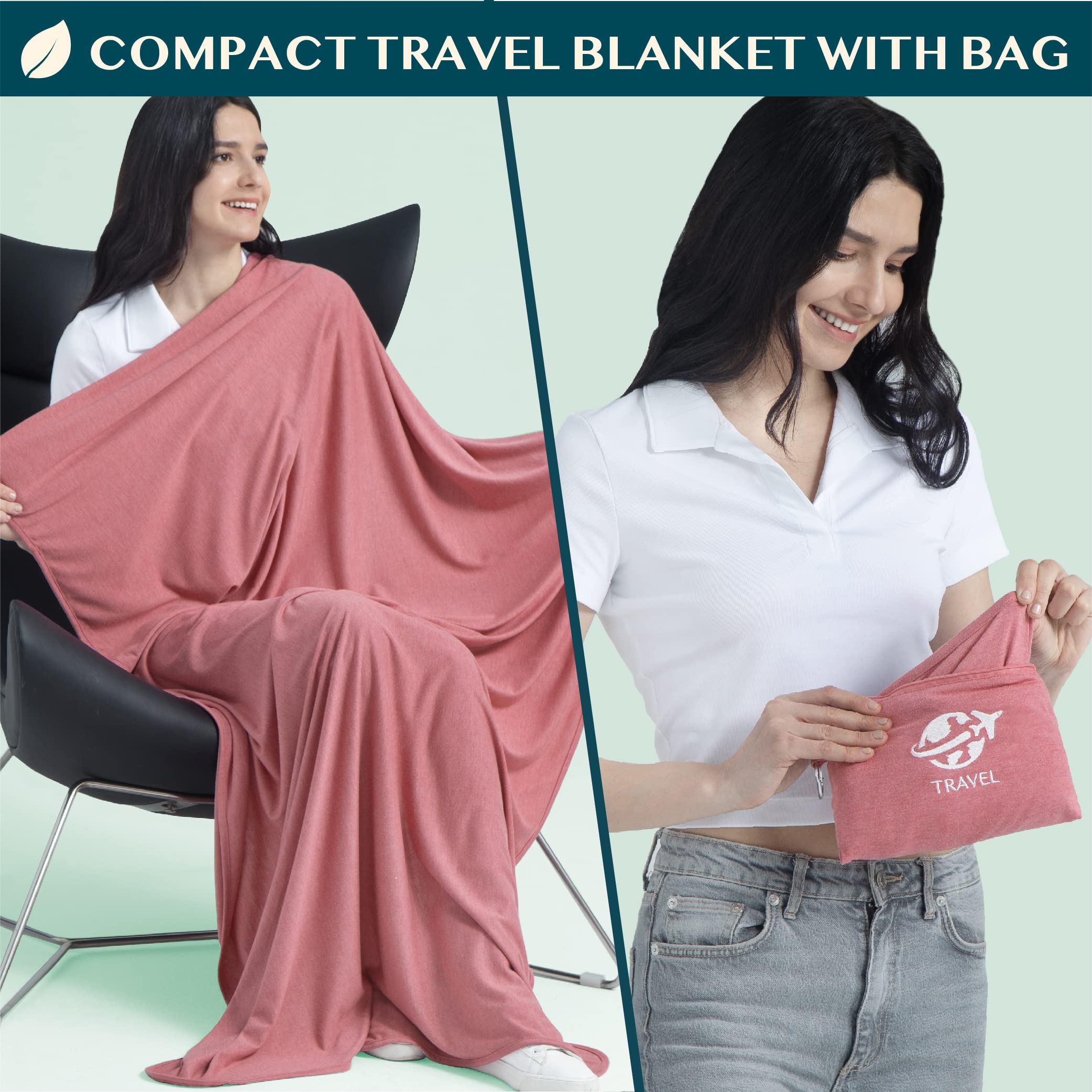 PAVILIA, Manta de Viaje compacta con Bolsa para avión, con Almohada, para vuelos Largos, Ligera, con Correa de Equipaje, para Camping, Esencial para viajeros, Color Rosa, 165 x 101 cm