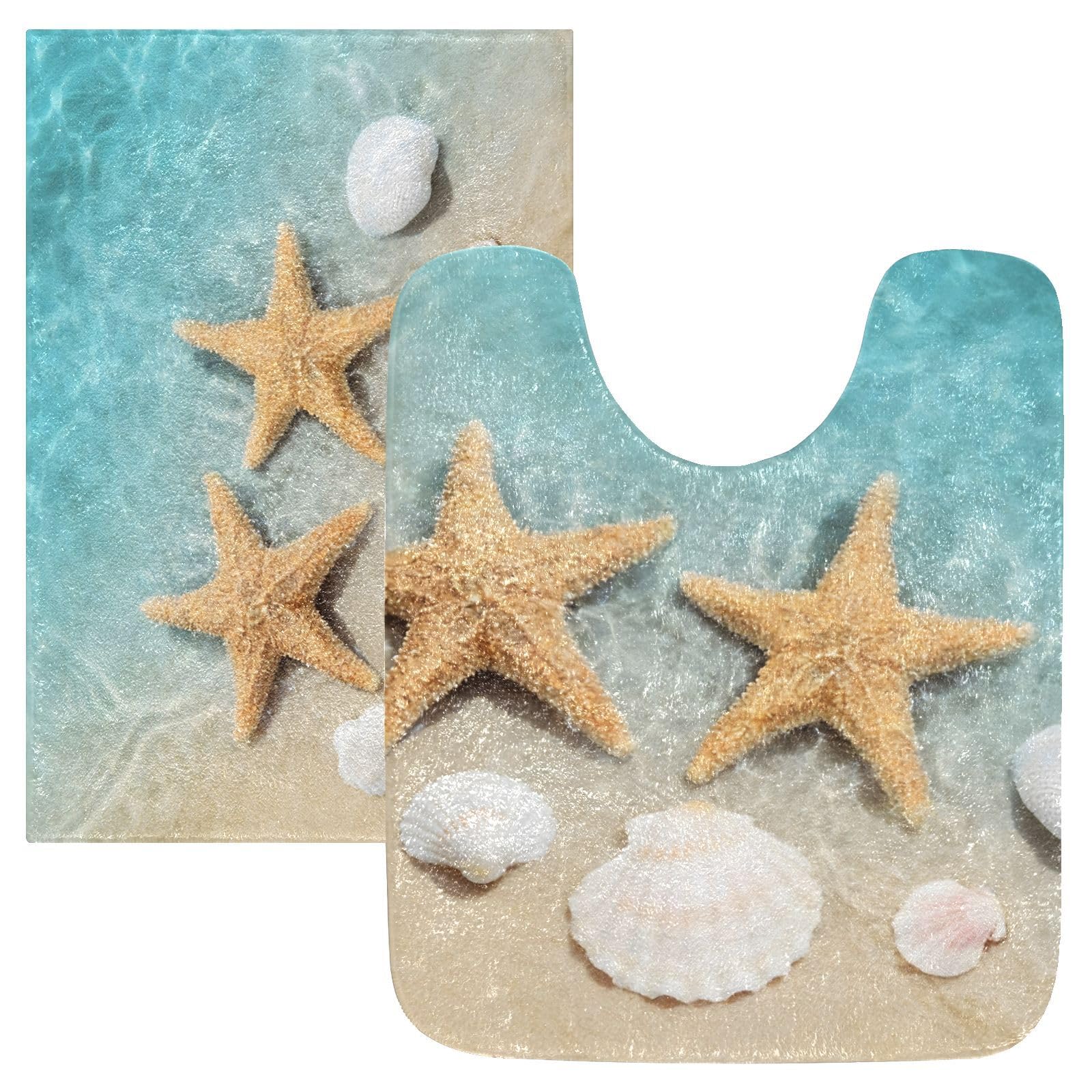 Tapis de bain en forme de U moelleux lavable ALAZA étoiles de mer coquillages