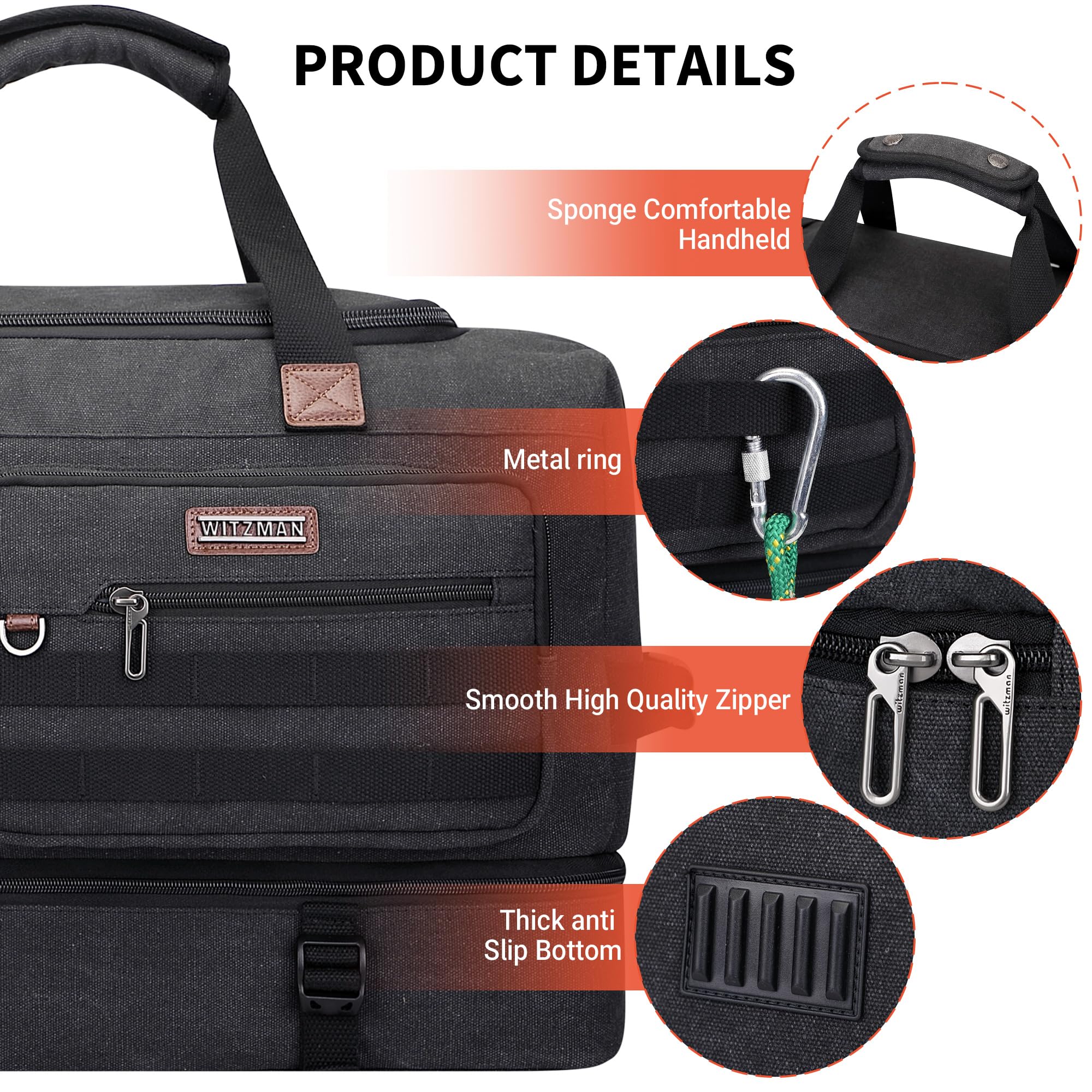 WITZMAN Reisetasche Herren 50L Canvas Wochenendtasche mit Kulturbeutel-Sets | Mit Schuhfach und Nass-Trennfach, Konvertierbar, Handgepäck Flugzeug, Eine für Reisen, Weekender, Sport, A8010/2 Schwarz