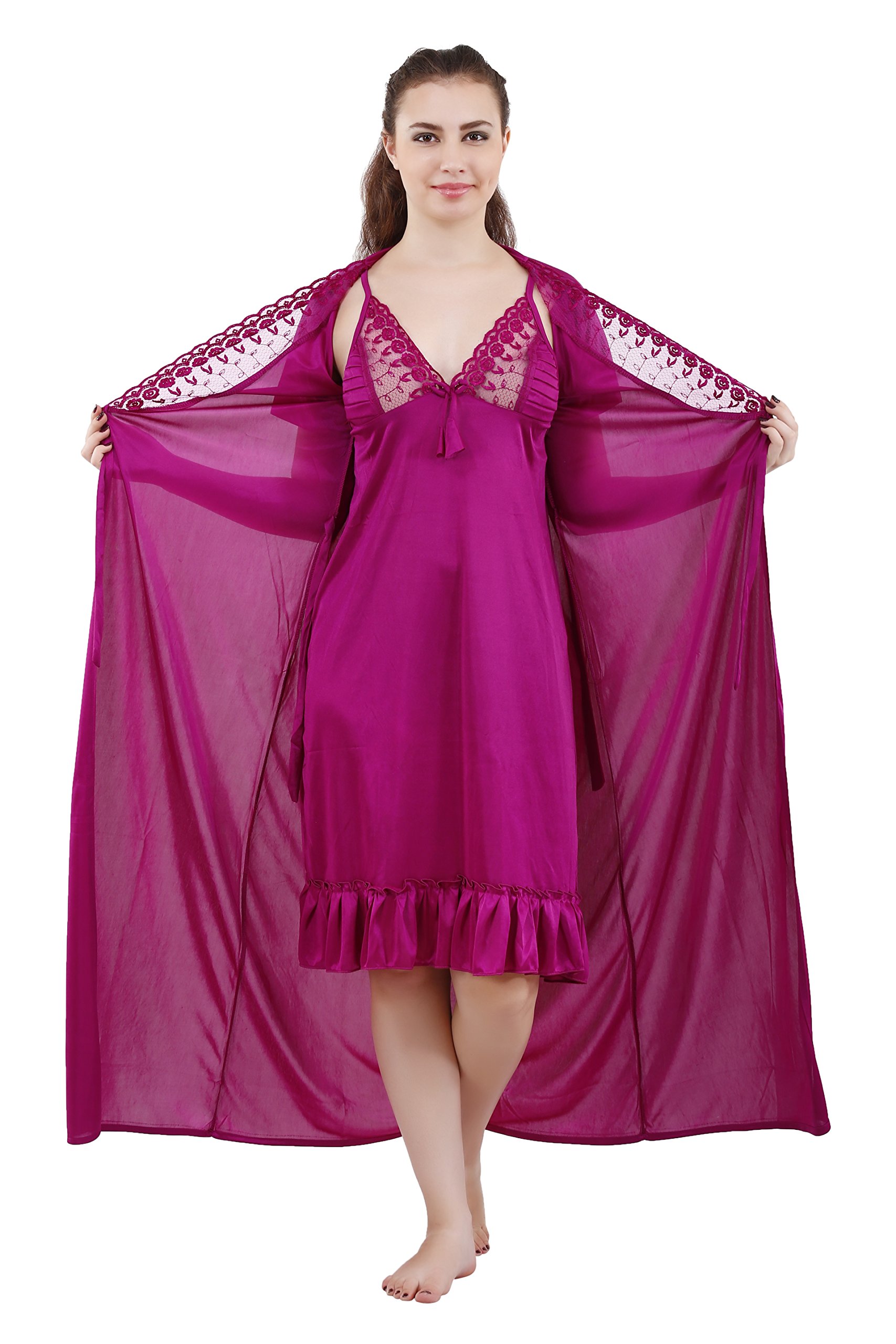 romaisa Women's Satin Solid Maxi Length Nighty with Robe (Size - Free Size) (Nightwear Set Pack of 2)-picture-34