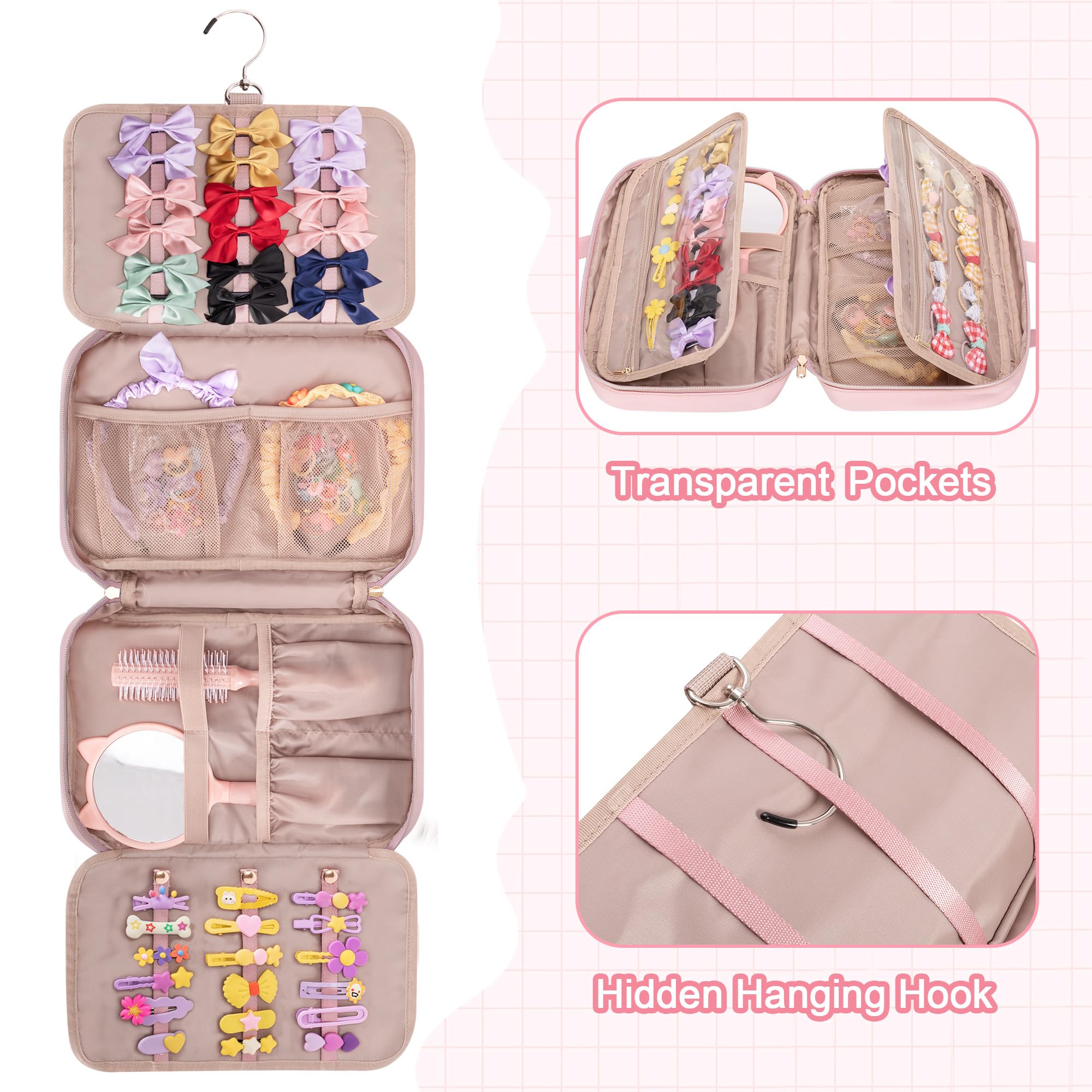 Fasrom Hair Accessories Storage Bag for Girls Hair Bow Organizer, Hair Accessories Storage Carrying Case Pink - Image 4