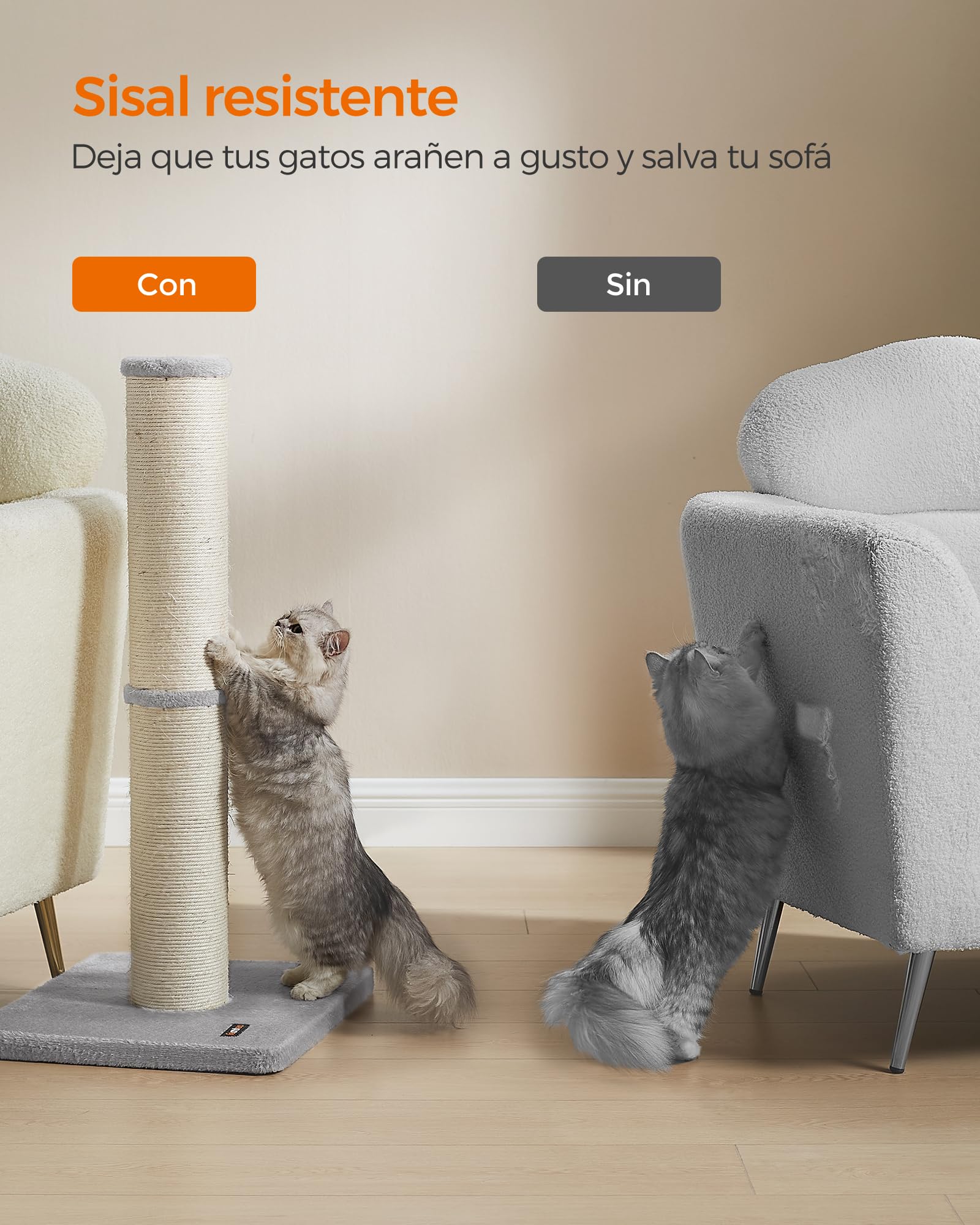 Feandrea Poste Rascador para Gatos, 85 cm de Alto, Gatos Medianos y Grandes, Poste Rascador de Sisal, Pompón de Muelle con Campana, Gris Paloma PCA041G01