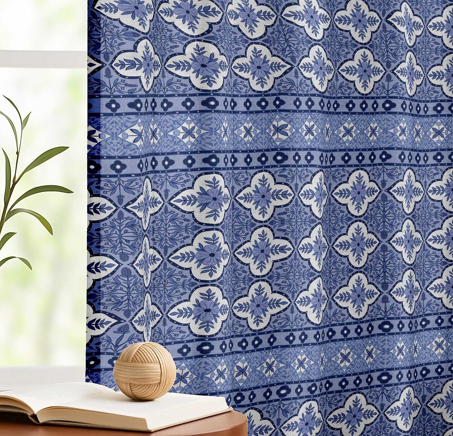 Cotton Curtains for Windows - 3-in-1 Rod Pocket/Back Tab Short Window Drapes - Light Filtering Cotton Canvas Panels - Set of 2, 52"x63" - Block Print (Blue)