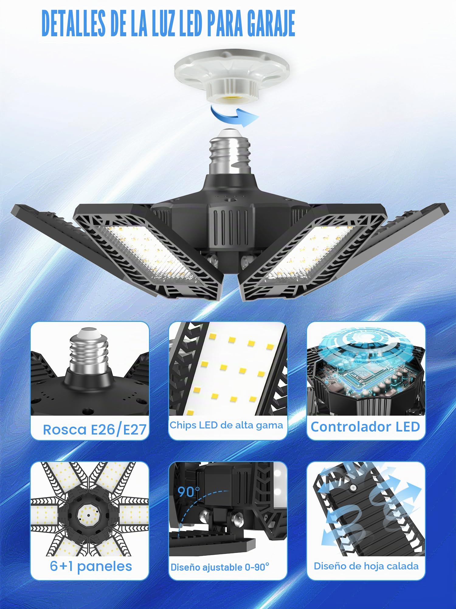 YIQIBRO Lámpara de Garaje 185W 6 Piezas, 18500LM Lámpara de Techo de Taller con 6+1 paneles Ajustables, 6500K Focos LED Interior, Iluminación de Taller Industrial para Garaje,Almacén,Oficina,Sótano