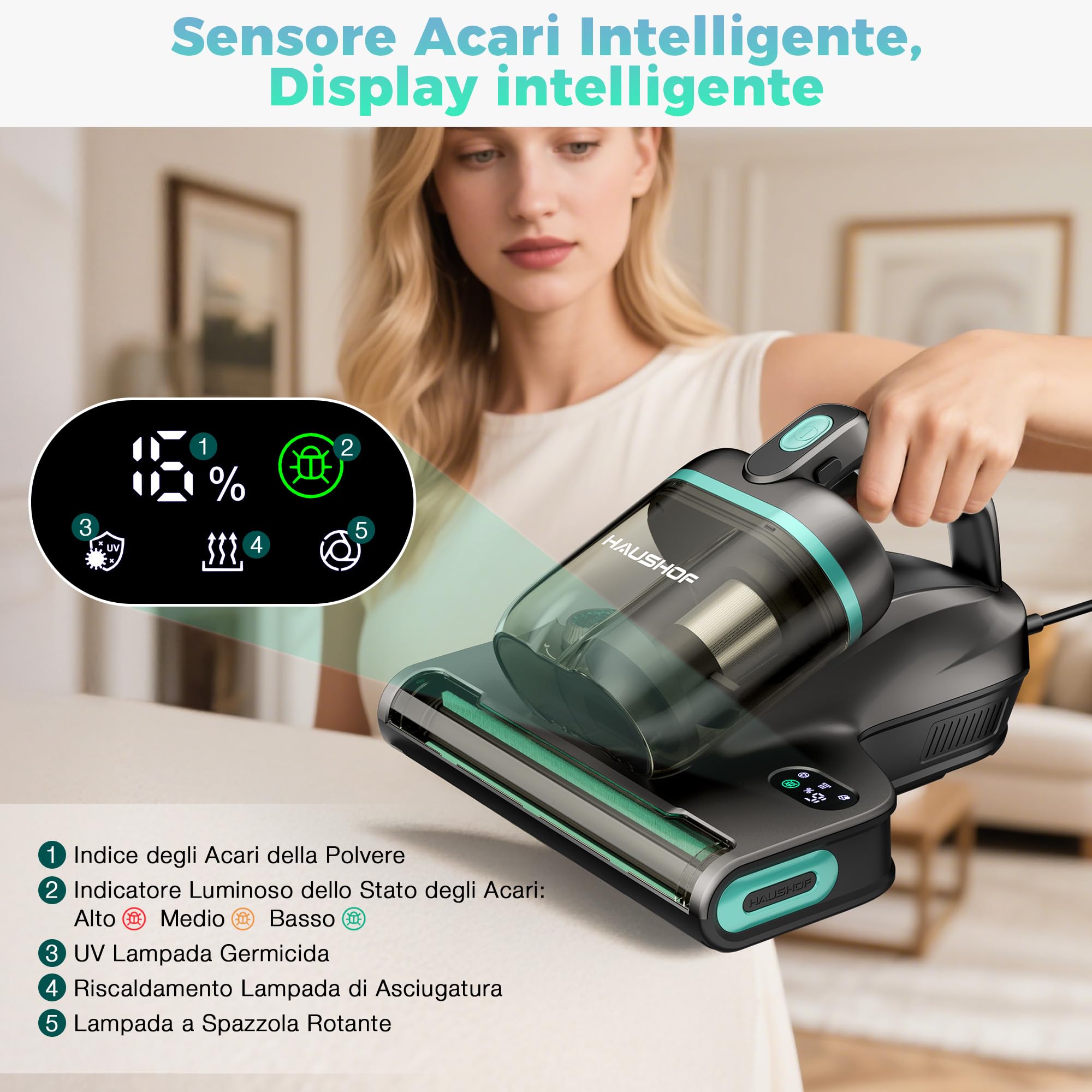 HAUSHOF Aspiratore per Materassi con 275 nm Luce UV-C, Battimaterasso Antiacaro con 60 ℃ Aria Calda, HEPA Filtro, Aromaterapia, 400 W Motore, Doppio Contenitore, Aspiratore Portatile per Letto, Divano